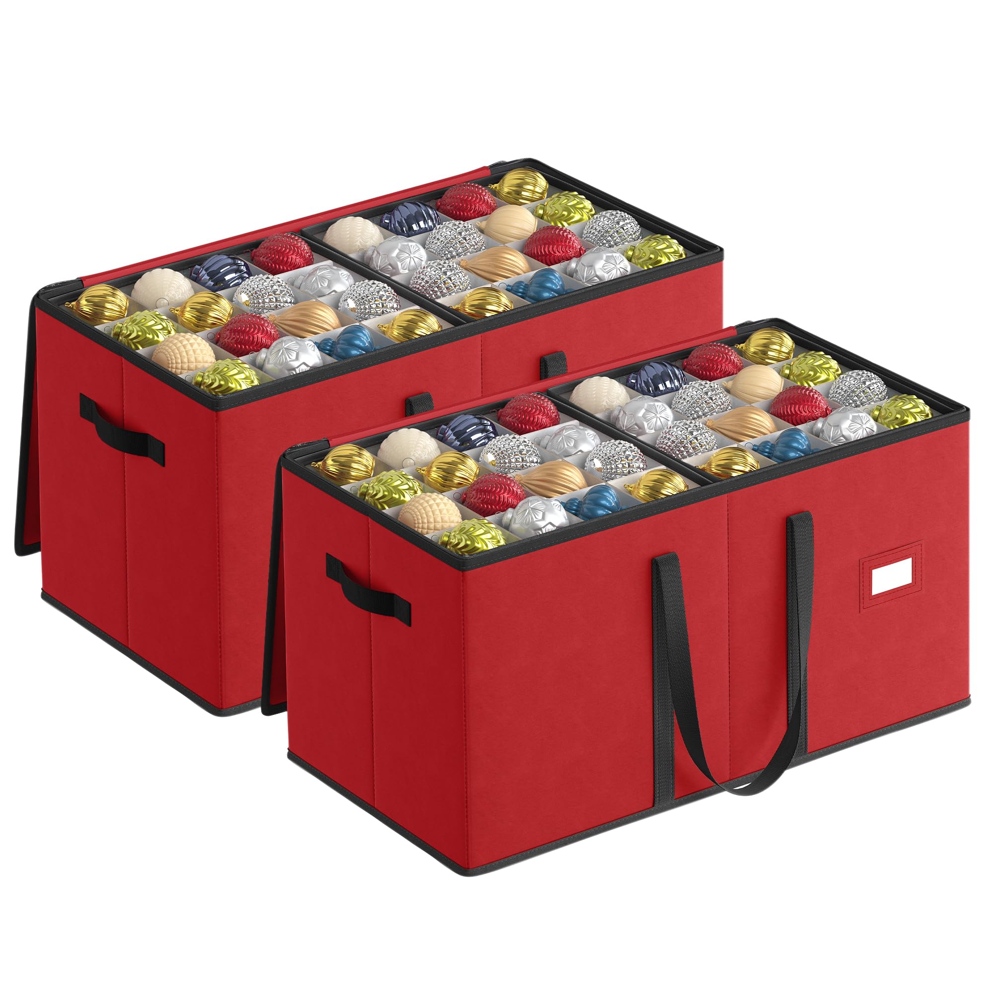 SONGMICS Christmas Ornament Storage Boxes, Set of 2, Dual Zippers, Stackable Christmas Storage Containers with Lid, 16 Trays, 600D Oxford, 3-Inch 256 Slots, Cherry Red URFB043R01 Cherry Red 