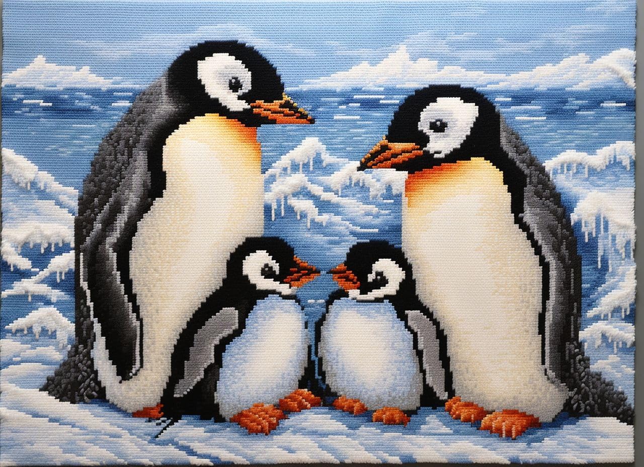 Penguins Family Latch Hook Rug Kit for Adults Easy Carpet Cushion with Printed Canvas Crochet Yarn Craft DIY Hooking Tapestry for Home Floor Decoration Pets Pads 60x40cm