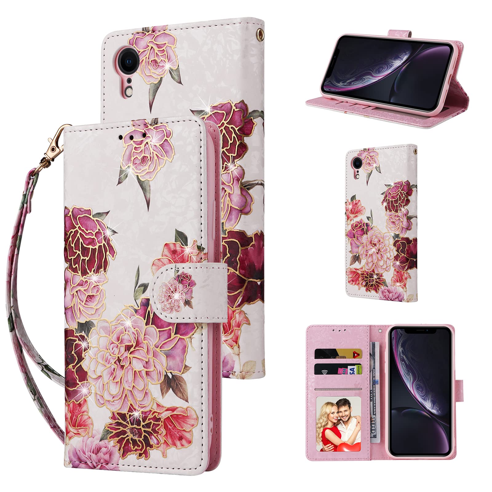 UEEBAI Wallet Case for iPhone XR, PU Leather Phone Case Kickstand RFID Blocking Flip Case with Card Slots Wrist Strap Relief Engraved Pattern Magnetic