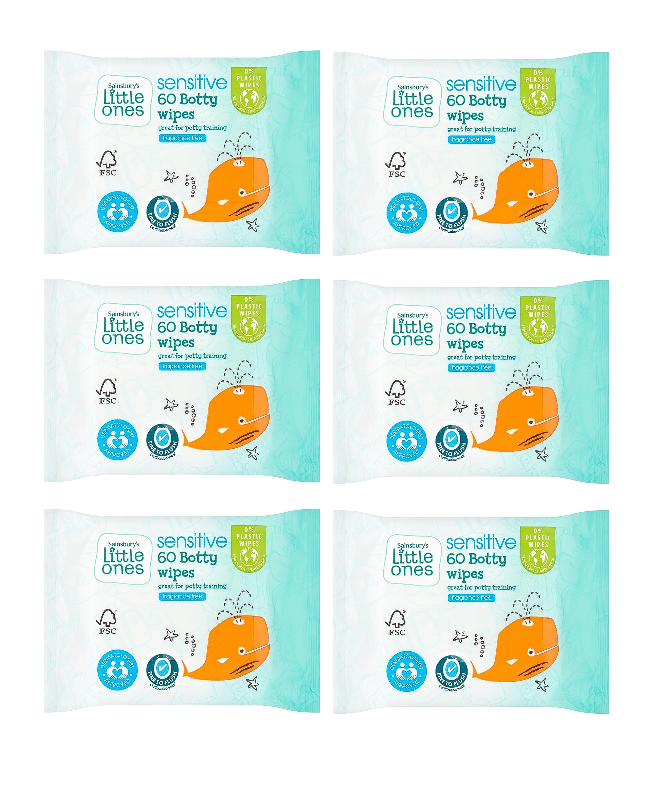 6X Little Ones Botty Potty Training Frangrance Free Wipes 60 Pack