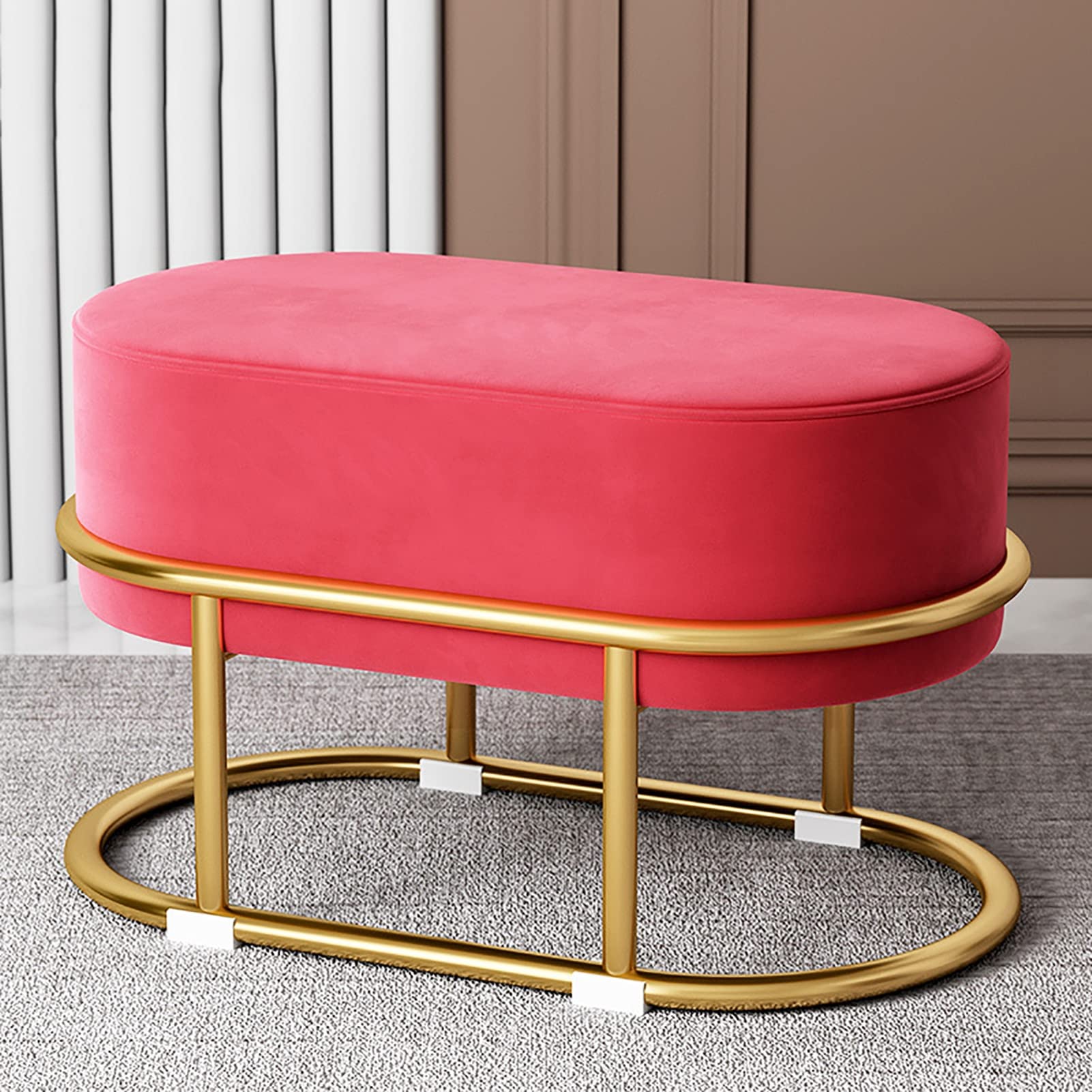 Tabouret de coiffeuse en velours vert et pieds en métal doré pour chambre
