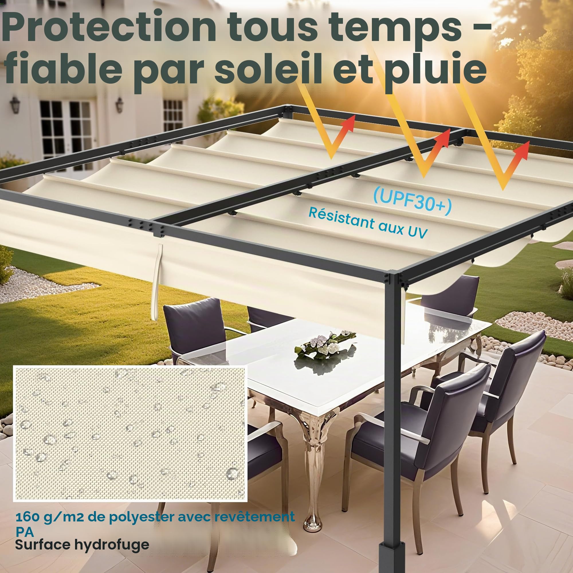 FIVMEN Pergola Tonnelle de jardin 3 x 3 m - Imperméable et stable - Résistant à l'hiver - Avec zones d'ombrage réglables - Protection solaire pour jardin, terrasse et balcon - Beige