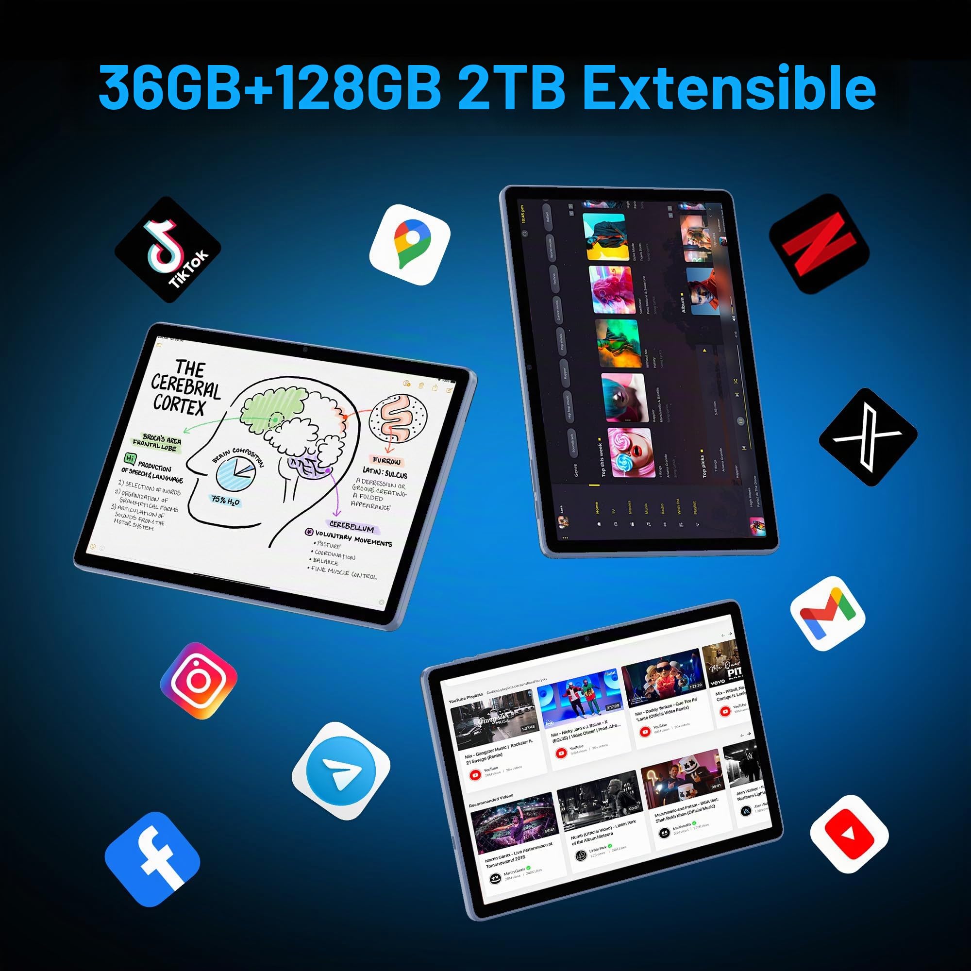 Tablette 10 Pouces Android 15 avec Clavier Souris Stylet Housse Casque, 36GB RAM + 128GB ROM + 2To Extensible, Octa-Core, 5G/2.4GHz WiFi + BT, Gemini AI, 8000mAh, 13MP, OTG, Boîtier Métal