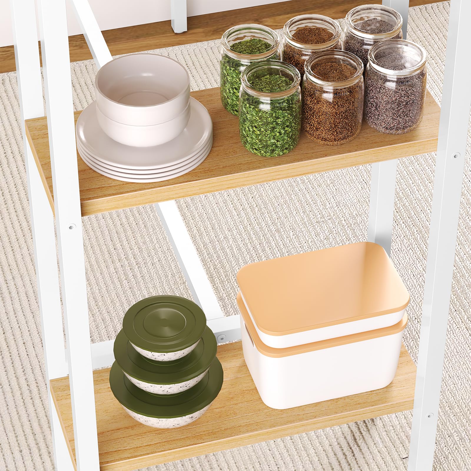 HOOBRO Juego de Mesa y Taburetes de Bar, Mesa Alta para Bar con Estantería de 3 Niveles y 2 Taburetes Redondos, para Cocina, Sala de Estar, Comedor, Blanco y Natural EWN07BT01
