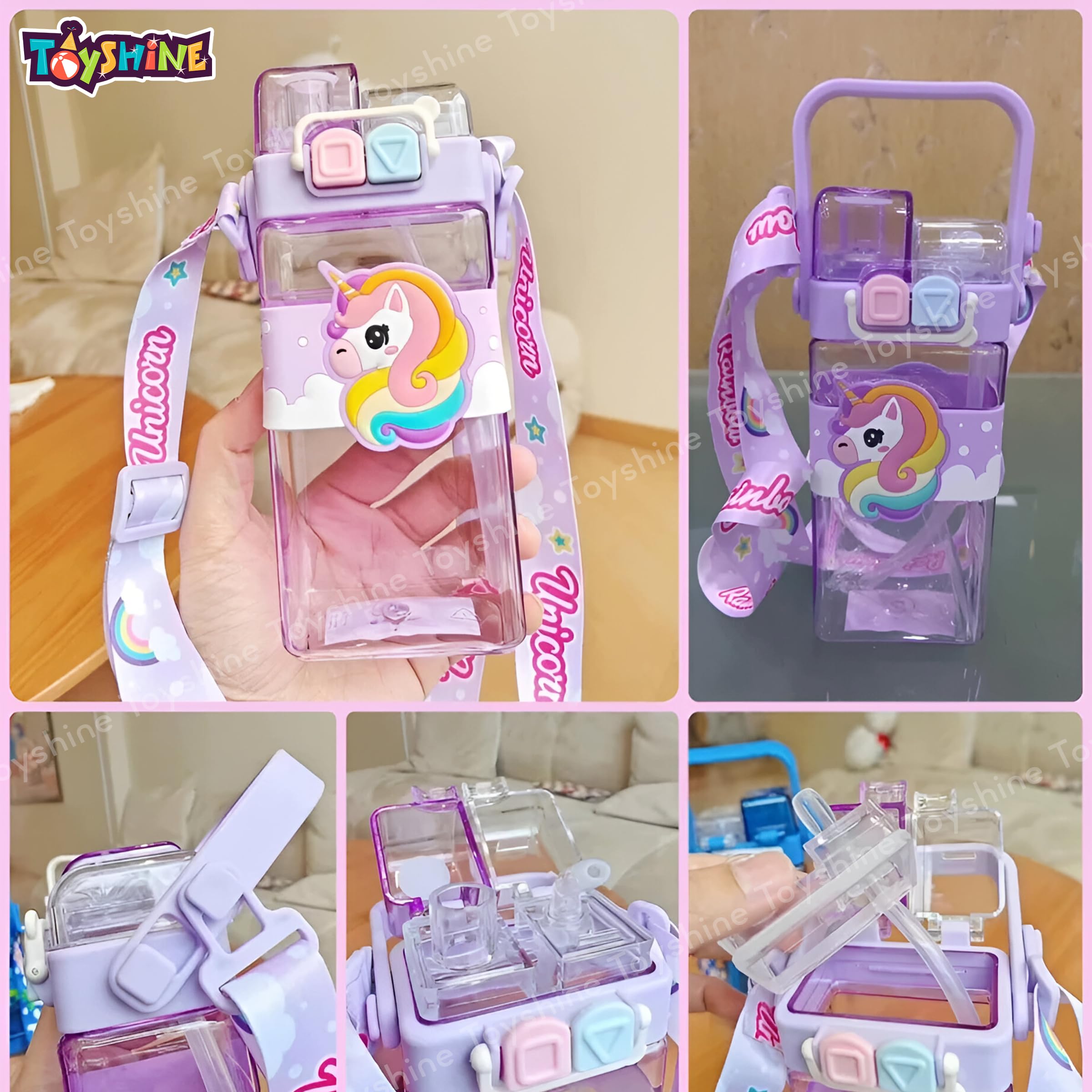 Toyshine 520ML Unicorn Theme BPA Free Water Bottle with Dual Cap | Double Drinking Straw Cup | Leak-Proof | Strap & Carry Handle | Portable Handheld Kids Tumbler Perfect for Travel Picnic Sport School - Image 6 thumbnail