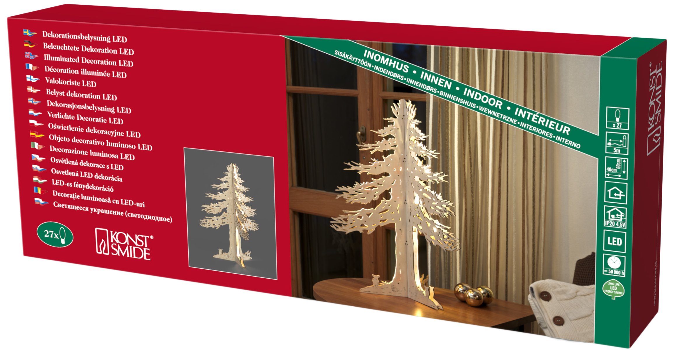Konstsmide 2849-100 LED "Baby Rentiere um einen Kieferbaum" Holz Willkommenslicht Naturholz/für Innen (IP20) / 4,5V Innentrafo oder Batteriebetrieb / 27 warmweiße Dioden/transparentes Kabel