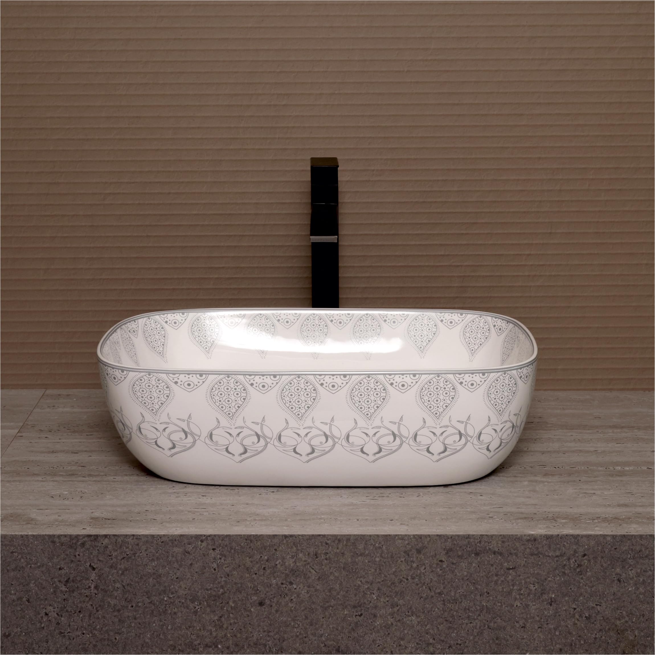 Archstone Wash Basin for Bathroom - 1 Year Warranty -Tabletop Washbasin - Ceramic Glossy Rectangle Designer Moroccan Countertop Vessel Sink, Dining Hall & Vanity 33x45x14.5 cm (Grey Moroccan)
