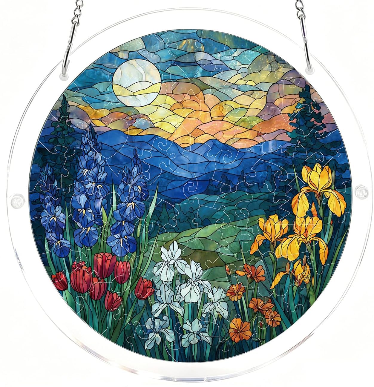 Twilight Flower Meadow & Moon Acrylic Jigsaw Puzzles Suncatcher, 8.9 Inch Window Hanging Suncatcher Acrylic Puzzle, DIY Home Decor Art Gift