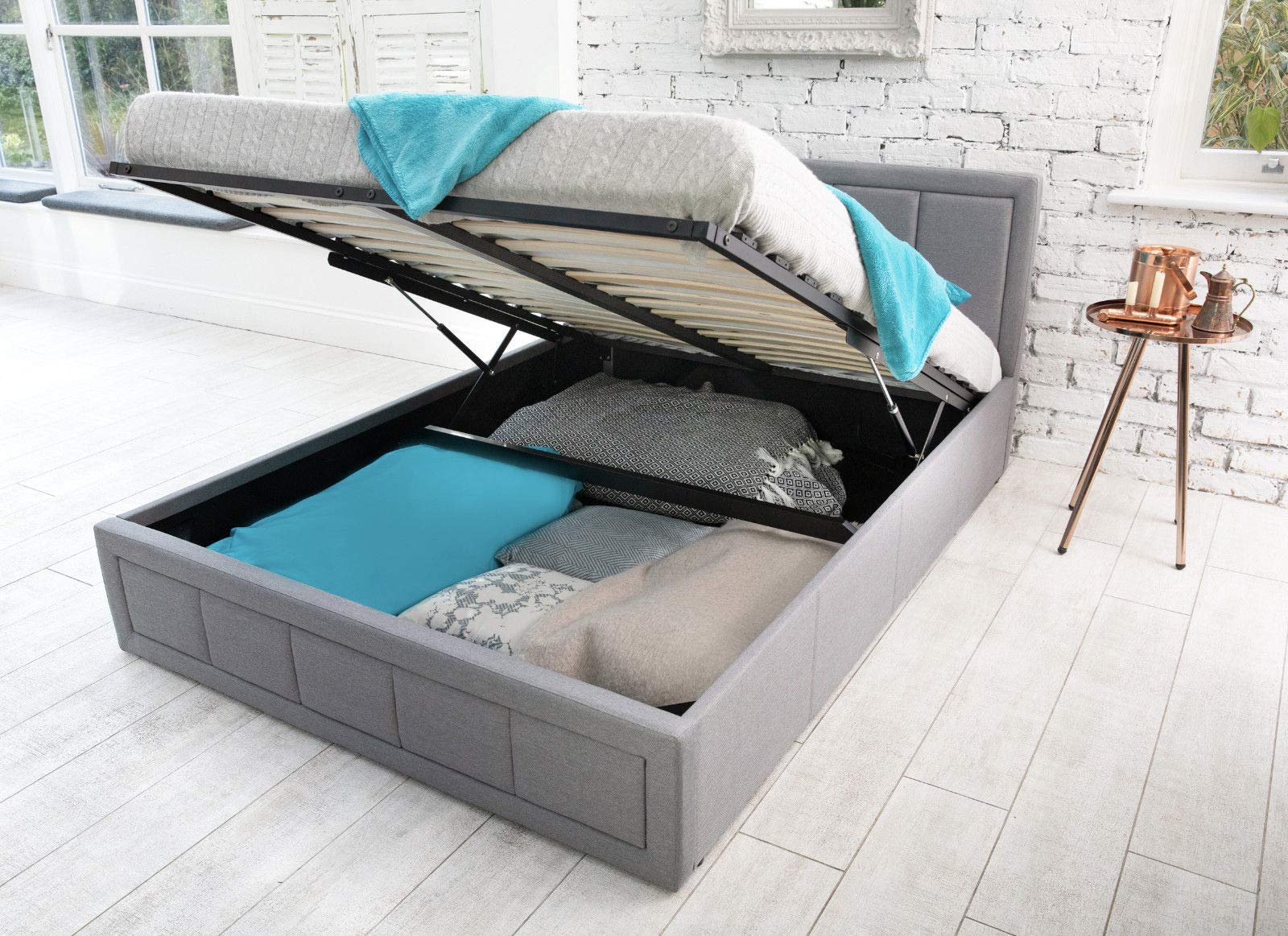 Lune Beds 4FT6 Double Size Modern Gia Ottoman Gas Lift Storage Premium Grey Fabric Bed