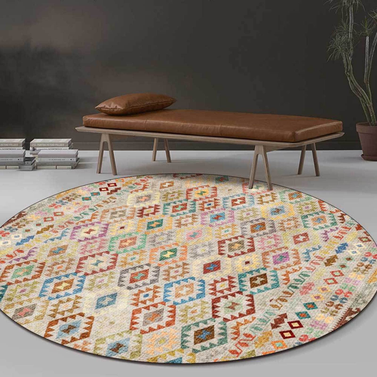 Duże okrągłe dywaniki Można prać w pralce Szykowny dywan Sypialnia Dywan do salonu, Kolorowy geometryczny romb w stylu etnicznym, ø 90 cm