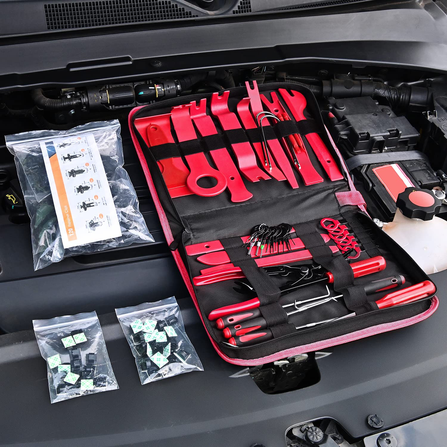 Wuiil GOOACC 200pcs Trim Removal Tool, Auto Push Pin Bumper Retainer Clip Set Fastener Terminal Remover Tool Adhesive Cable Clips Round Handle Crowbar Pry Kit Car Panel Radio Removal Auto Clip Pliers