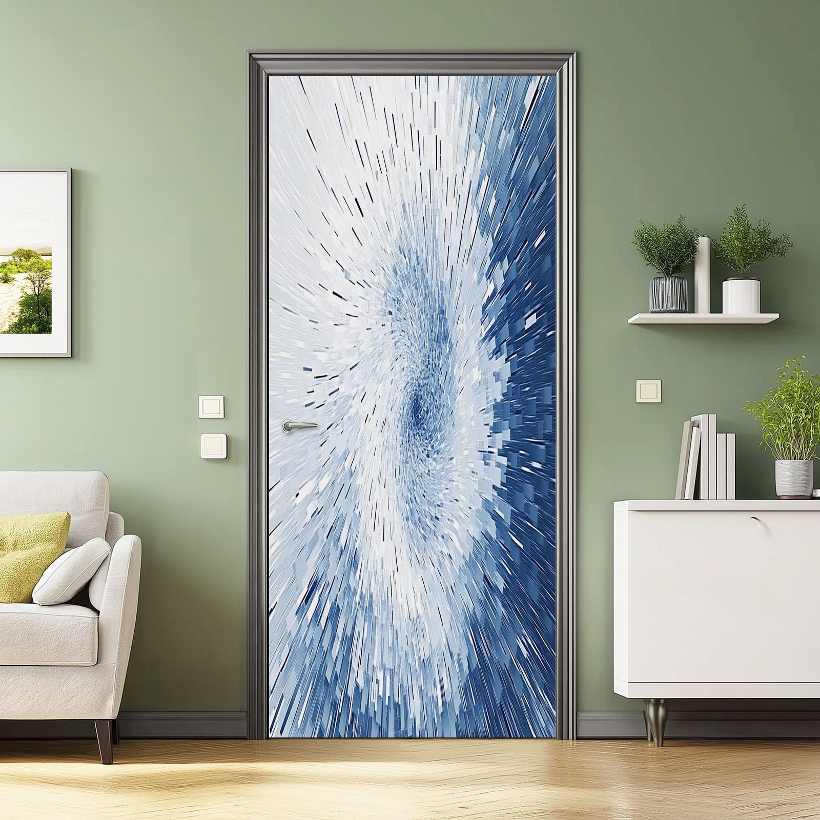 Naklejka na drzwi 3D, samoprzylepna, PCW, 90 x 200 cm, zdejmowana, niebieska, wodoszczelna, do sypialni, kuchni, łazienki, biura, tapeta na drzwi - abstrakcyjna geometria fragment pasków, motyw do