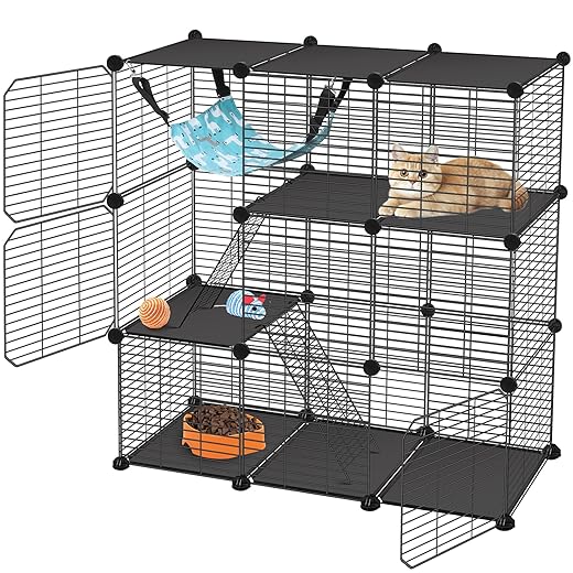 Cat Cage, 3-Tier DIY Catio Cat Enclosures, 36" x 16" x 36" Cat Playpen Indoor & Outdoor with Hammock, Detachable Metal Wire Kennel Cats Crate, 3x1x3 Exercise Place for 1-2 Cats/Kitten