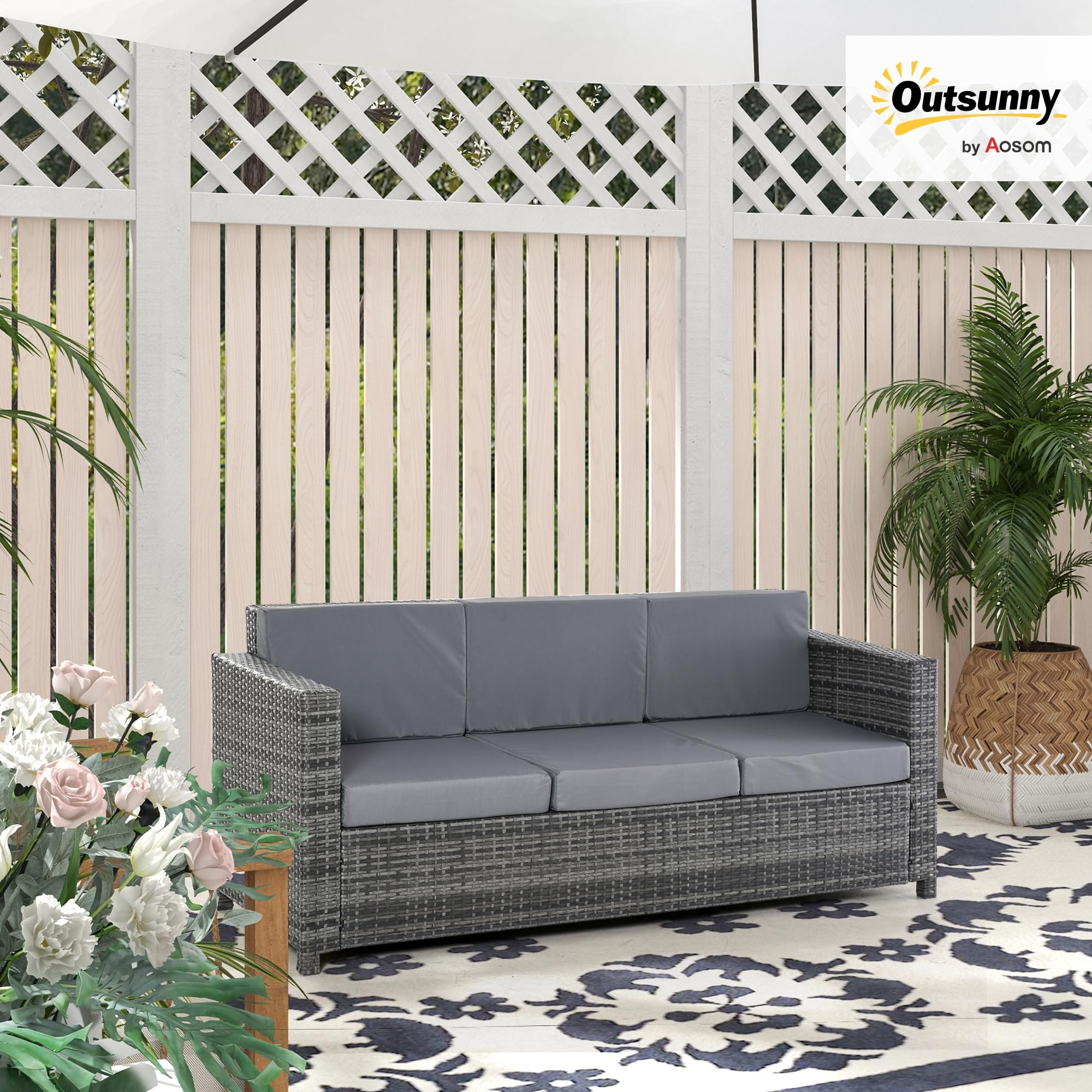 Outsunny Divanetto da Esterno 3 Posti in Rattan PE, Divano da Esterno con Cuscini Imbottiti e Sfoderabili, Struttura in Metallo per Giardino, Patio e Terrazzo, 185x70x80 cm, Grigio