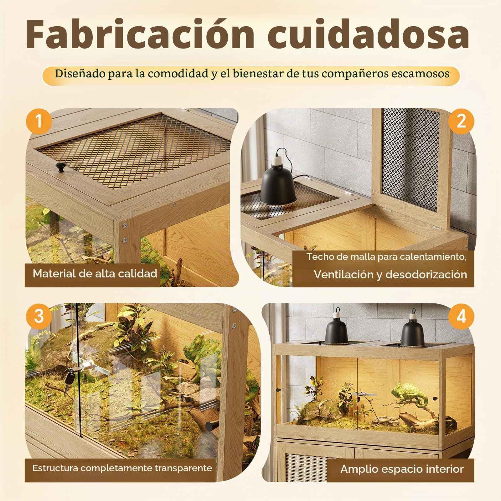 Terrario de Madera, Visibilidad de 360° Terrarium con Techo de Malla, ventilación y Pestillo de Seguridad, Terrario para Reptiles,Serpientes, Anfibios, Casa para Tortugas, 100x50.8x52.3cm