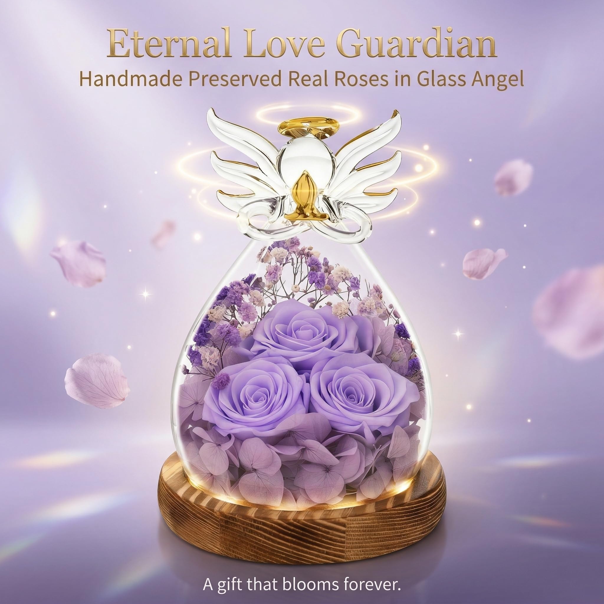 Rosa de ángel para mujer, figura de ángel de cristal preservada con luces LED, luz nocturna de cumpleaños de flor eterna para mamá, decoración perfecta para el día de la madre, San Valentín