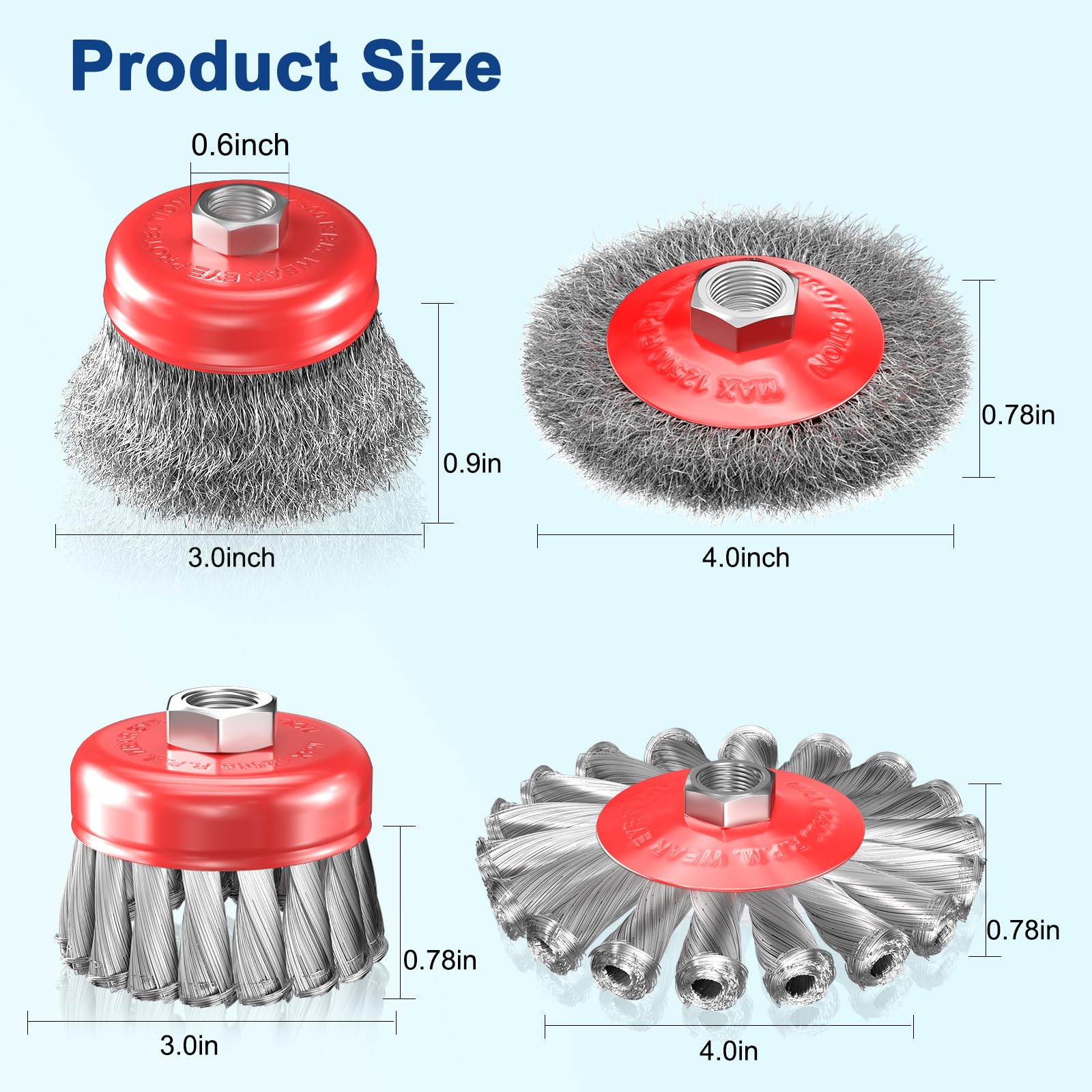 Brosse métallique pour meuleuse d'angle de 11,4 cm, en acier au carbone, brosse à meuleuse/roue nouée et bouclée (7,6 cm et 10,2 cm), rouille robuste, peinture anti-corrosion, 11 mandrin fileté UNC