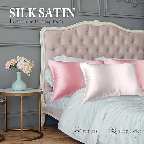Miniatura 5 de J JIMOO Paquete de 2 fundas de almohada de satén 100% seda para cabello y piel, fundas de almohada de seda rosa suave de 20 x 26 pulgadas, fundas de