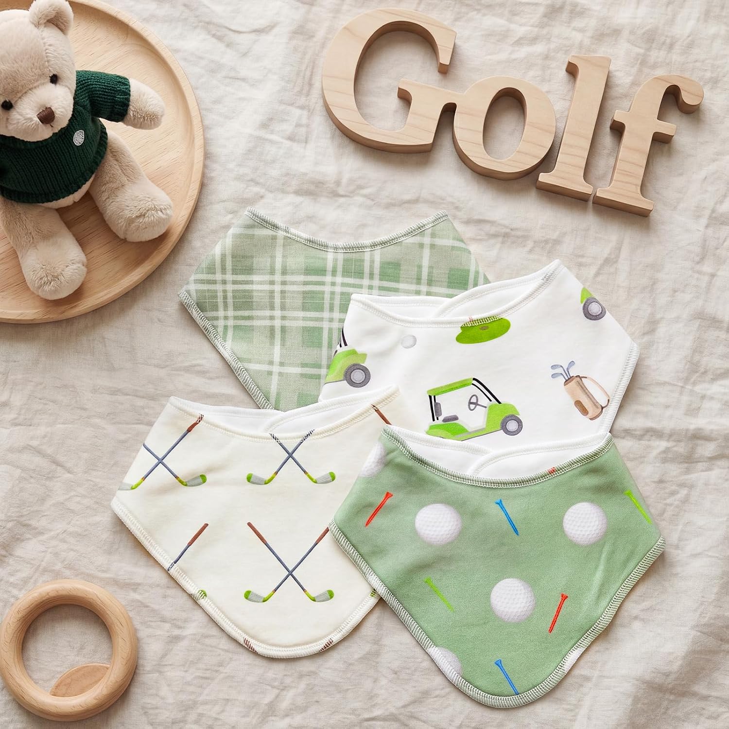 4 Pcs Golf Baby Bibs for Boys Girls Baby Golf Stuff Cotton Bandanas Adjustable Absorbent Triangle Bibs for Drooling and Teething Vintage Sports Nursery Items Infant Essentials Newborn Gifts