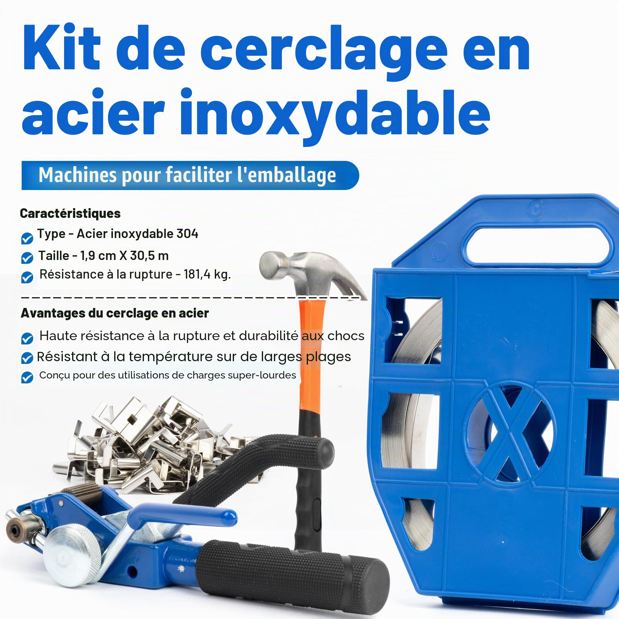 U.S. Solid Lot de bandes en acier inoxydable 304 – Pince de cerclage avec rouleau de ruban de 19 mm x 30 m, 100 clips de sécurité + marteau pour emballage stable de palette