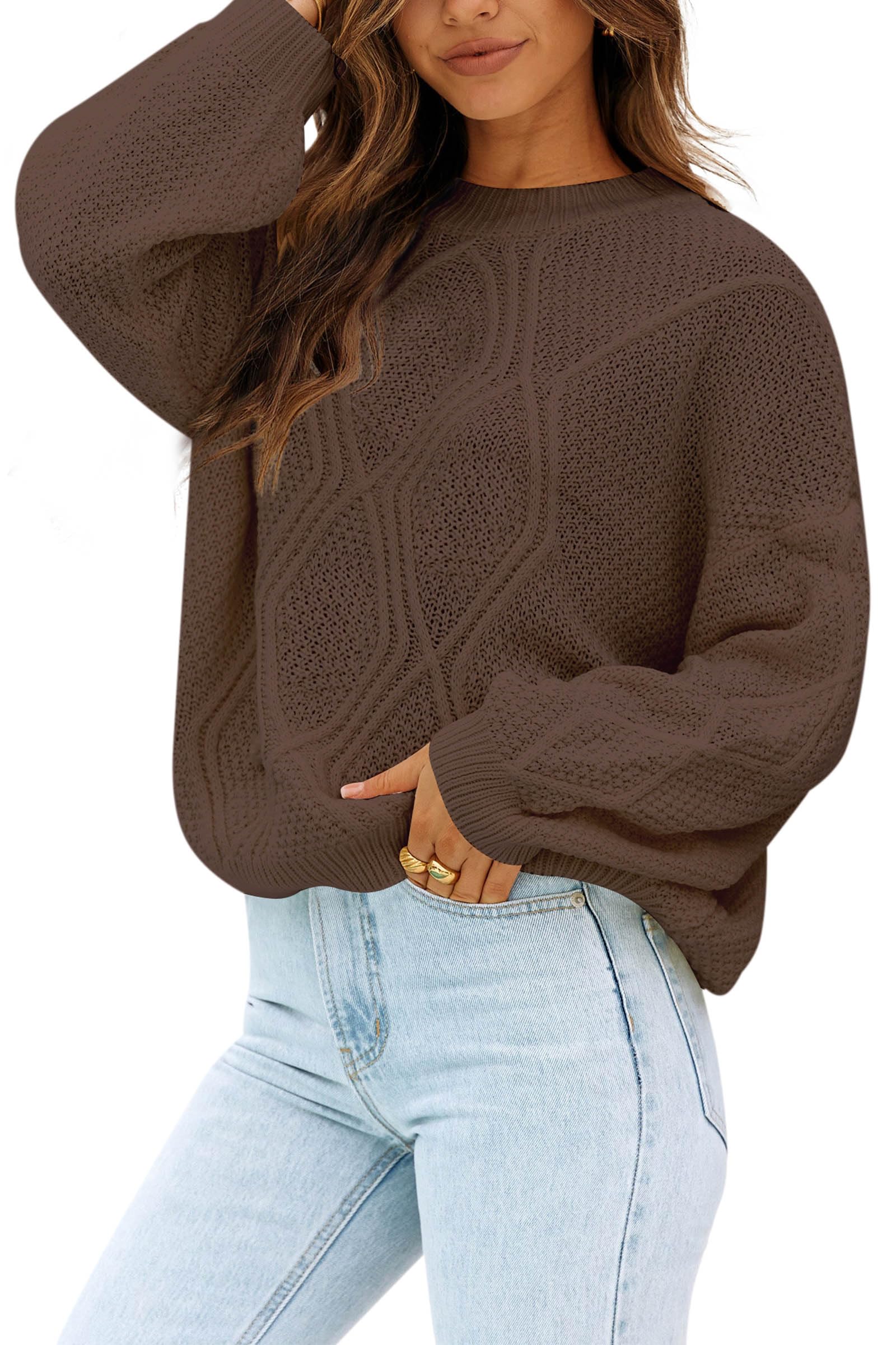 Photo 1 of Women's Casual Long Sleeve Sweaters Crewneck Cable Knit Chunky Pullover Sweaters Fall Trendy Drop Shoulder Sweater Tops Khaki XX-Large