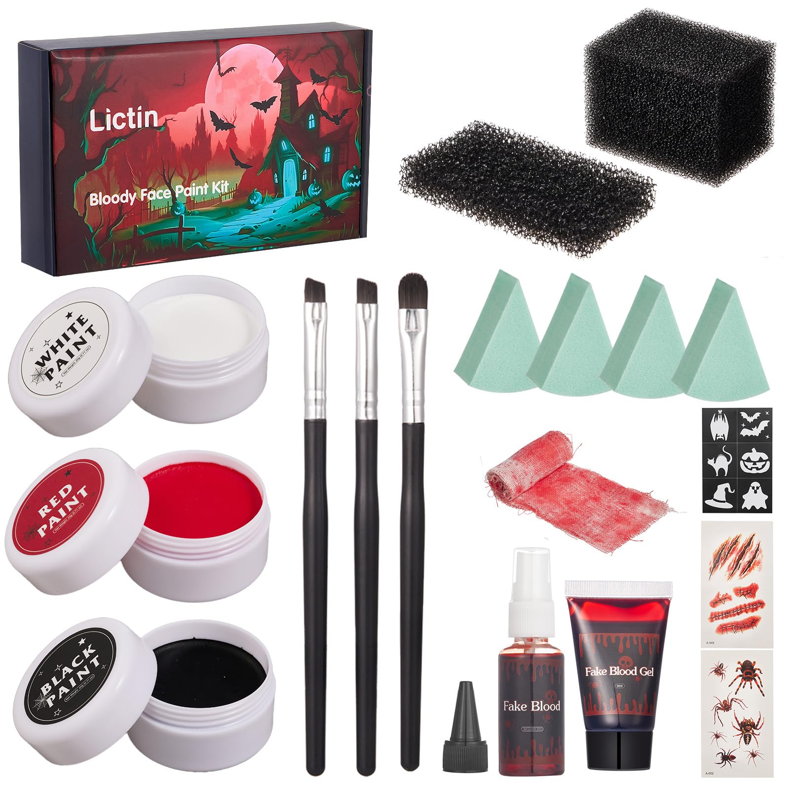 Lictin Halloween Schminke Set mit Kunstblut (60 g), Pinsel & Schwämme, Mehrfarbig