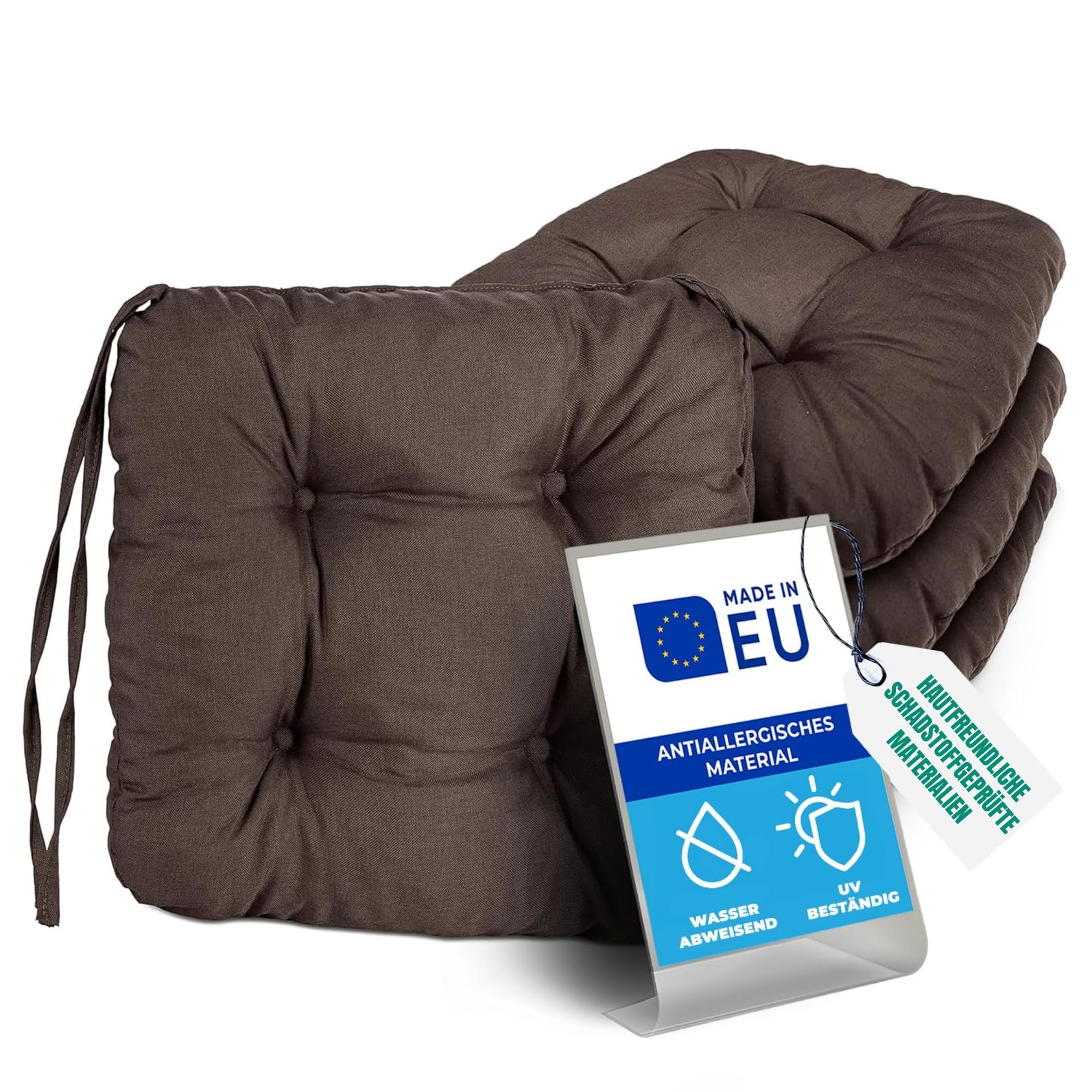 8X Sitzkissen Outdoor 40x40, 8cm dick, Wasser- & UV-beständig | Bändern, Bequeme Stuhlkissen, Stuhlauflage Sitzpolster, Sitzauflage Gartenstuhl, Extra dicke Sitzkissen Stuhl braun
