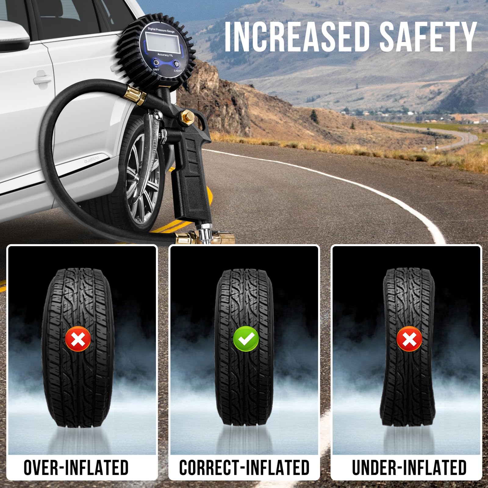 DigitPro Digital Tire Pressure Gauge with Inflator, 3-250 PSI Air Compressor Accessories with Air Chuck Quick Connect Coupler, Car Attachments with Rubber Hose for Car, Truck, SUV, Cycle, RV