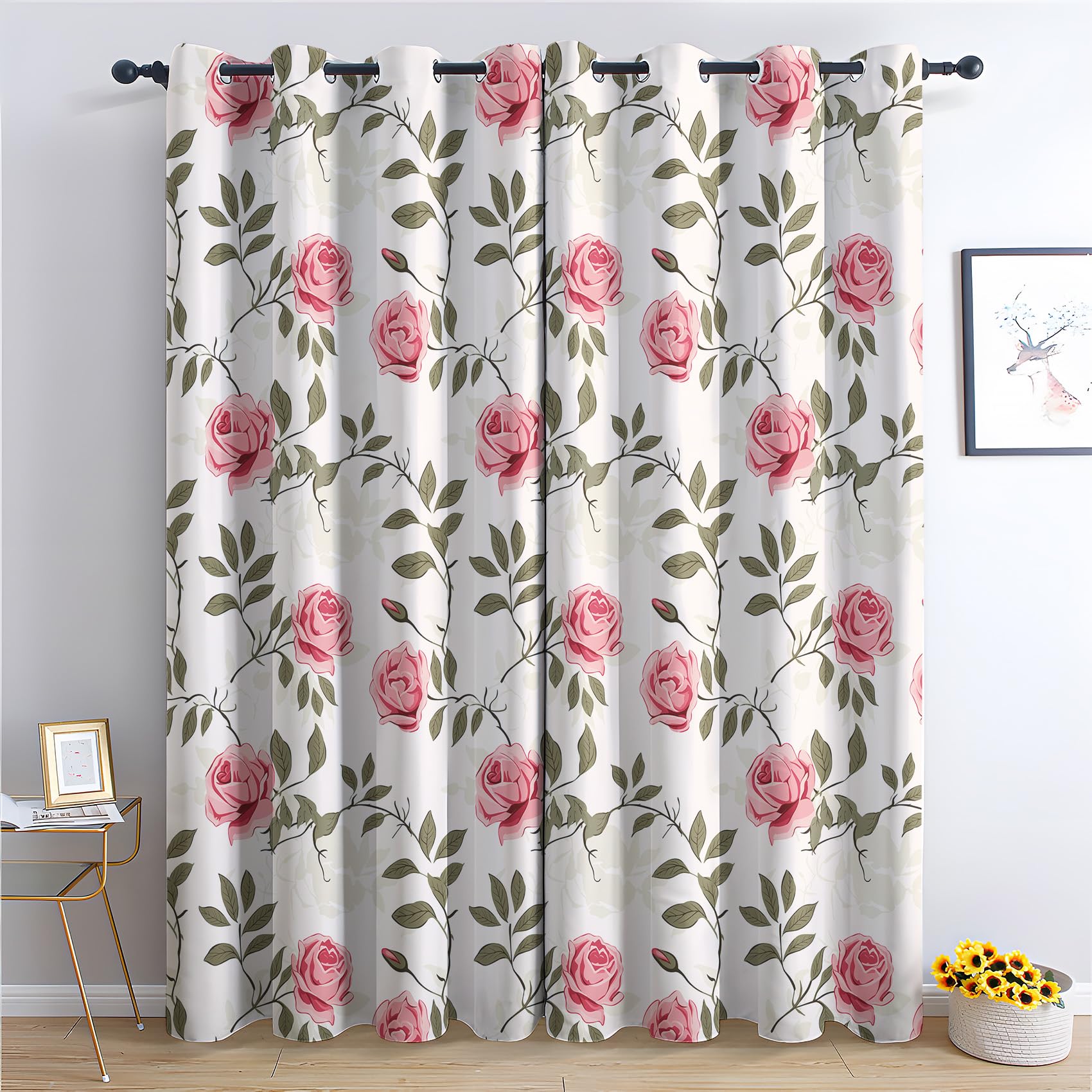 Rideau Occultant Fleurs Rose, Rideau Isolant Thermique pour Salon Chambre, Rideaux Motif Feuilles Verte, Rideau Opaque à Oeillets, Lot de 2 Rideaux et Draperies Intérieur 140x220cm LxH (Q2-&389)