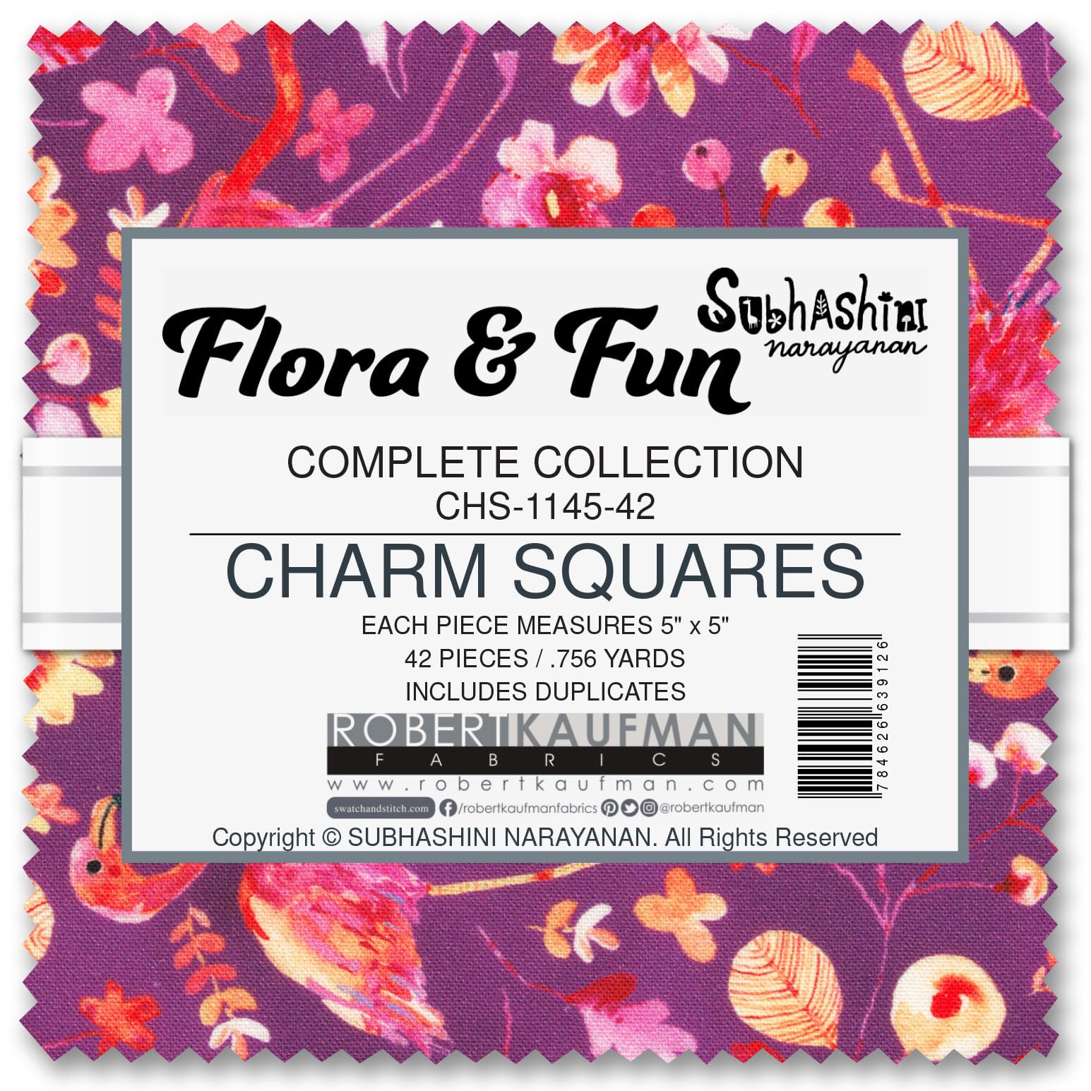 Robert KaufmanSubhashini Narayanan Flora & Fun 42 5-inch Squares Charm Pack Robert Kaufman CHS-1145-42