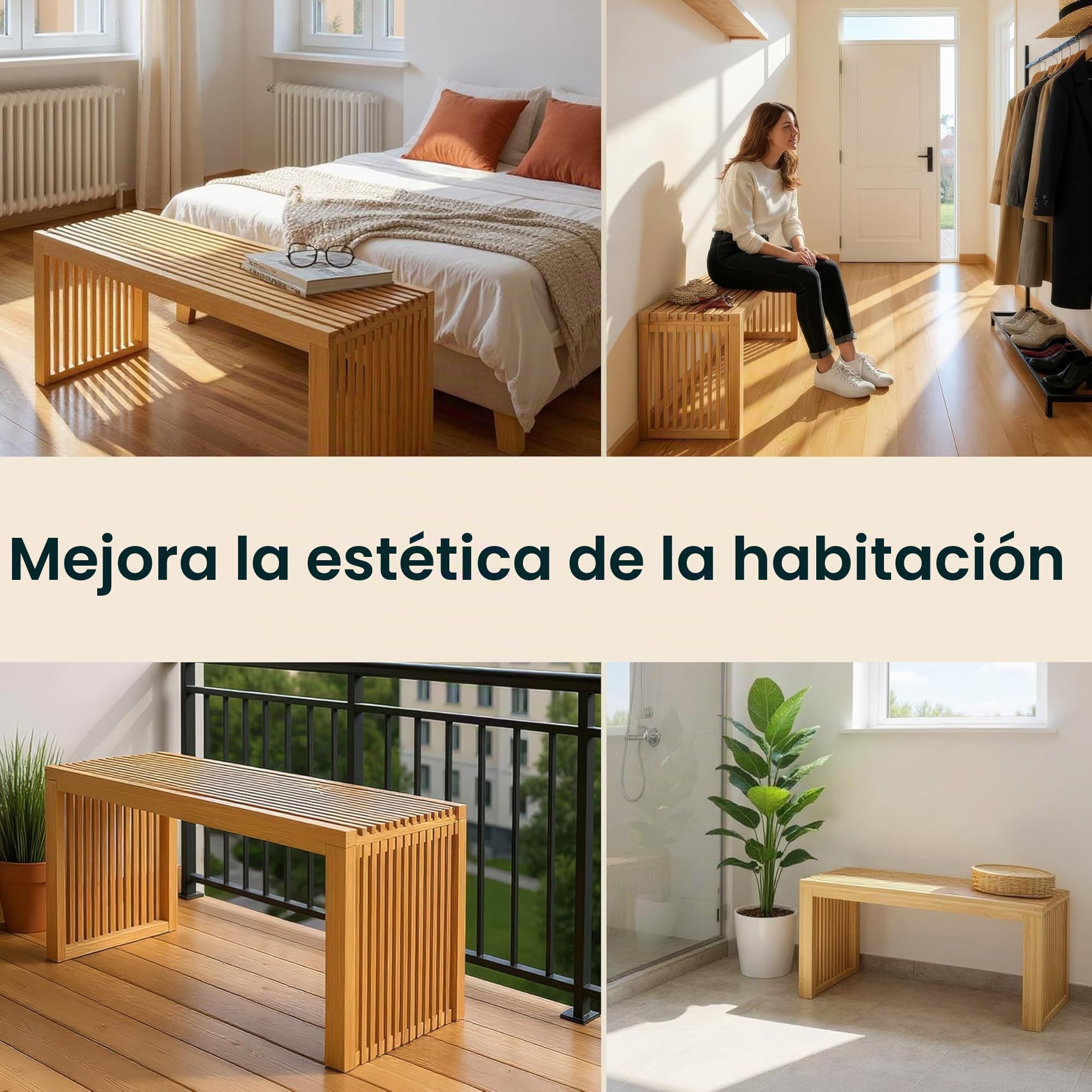 BAM BOO BOX Bambú Banco - Robusto Banco Madera sin Respaldo para Pasillo, Baño, Cocina, Comedor o Dormitorio - pequeño Mueble Recibidor Entrada 90x33x43 cm - cargable hasta 250 kg