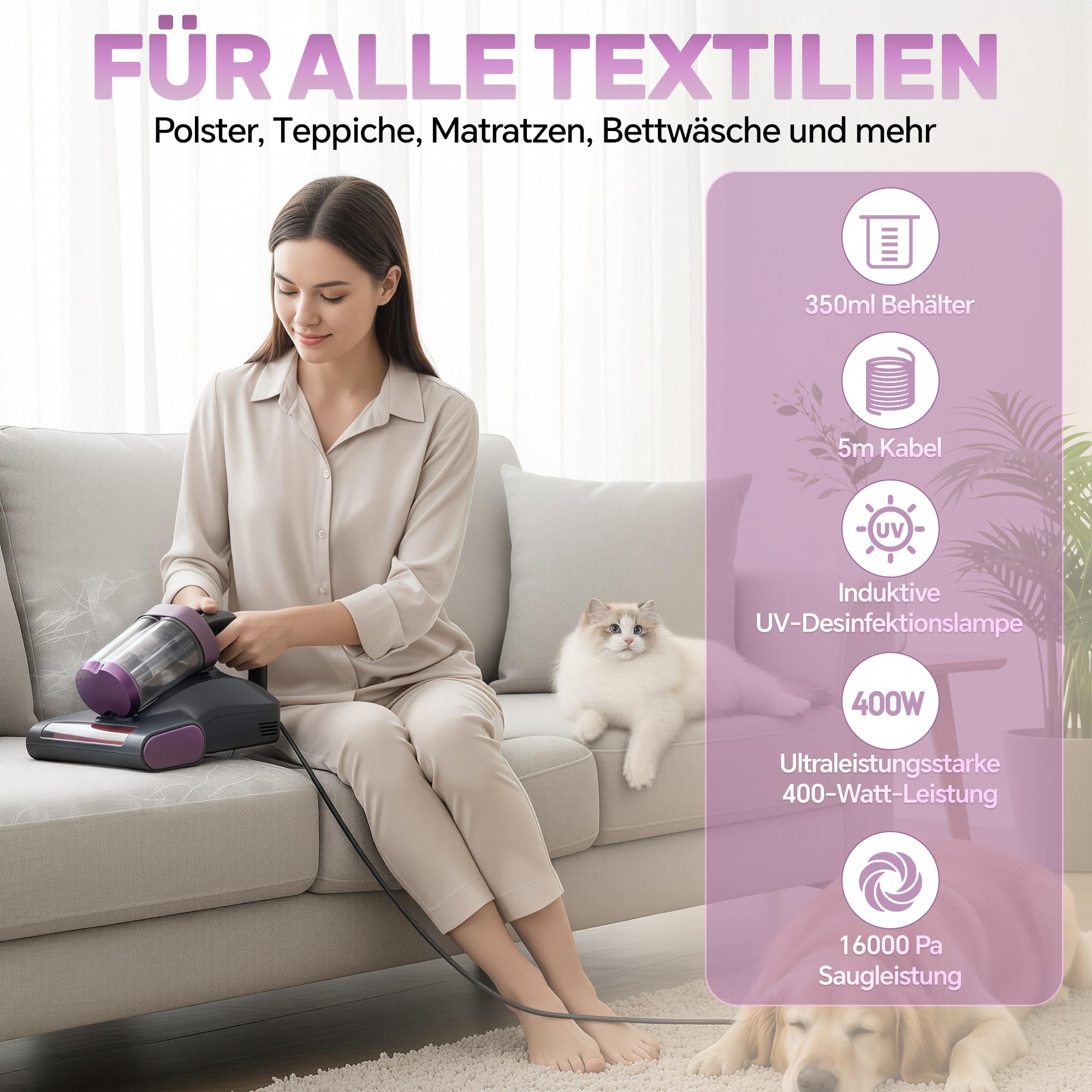 UV-C Milbensauger: Entfernt Milben & Allergene für Allergiker | 65℃ Heißluft, 3-in-1 Matratzensauger 400W, 16000Pa Saugkraft, 12.000 Schläge/min, 5m Kabel, 350ml Staubbecher