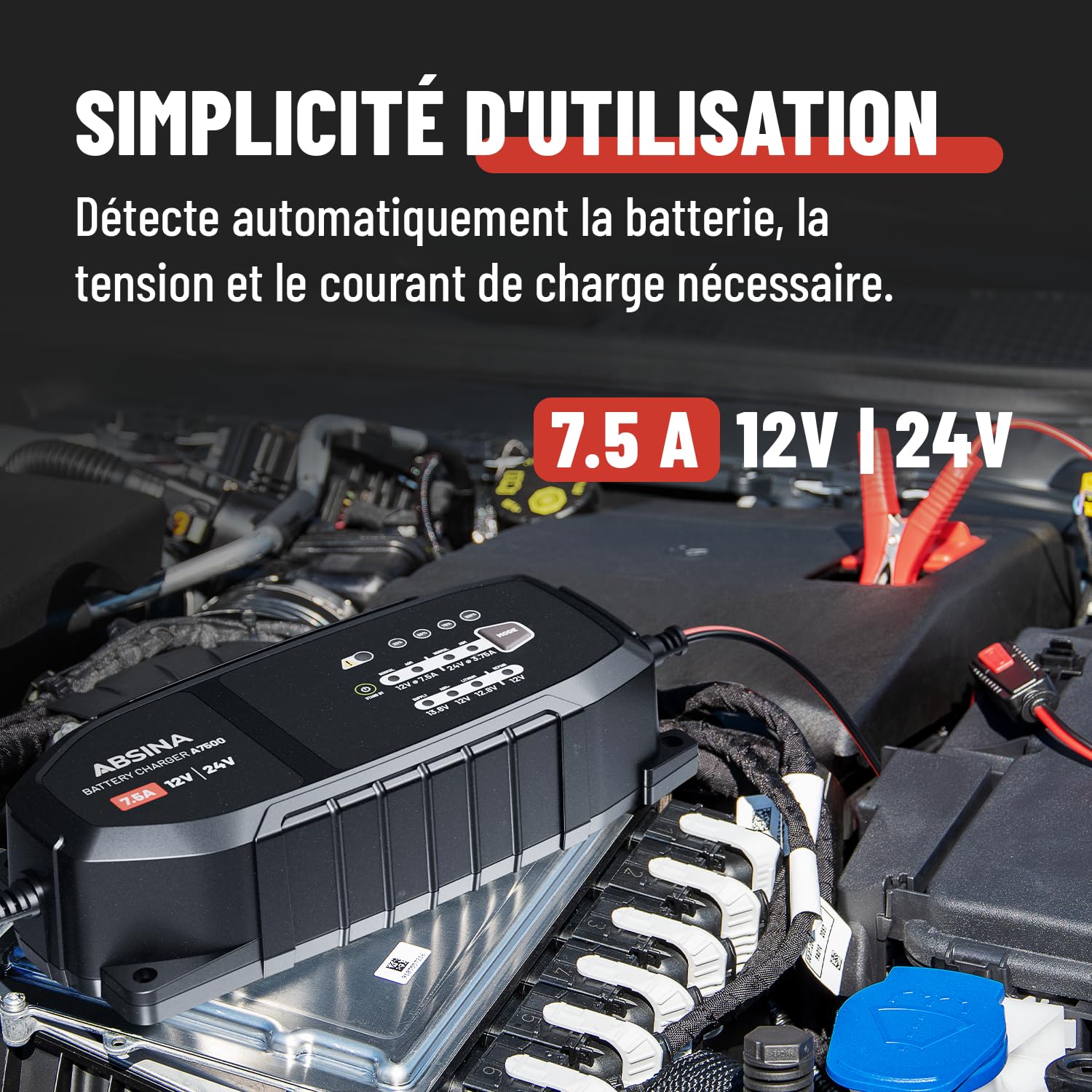 ABSINA Chargeur de Batterie Voiture 12V & 24V 7,5 A pour Batteries Plomb | jusqu'à 240Ah & Lithium 12,8V - Chargeur batterie voitures 24V & 12V pour Auto, Camion, etc. - Maintien charge