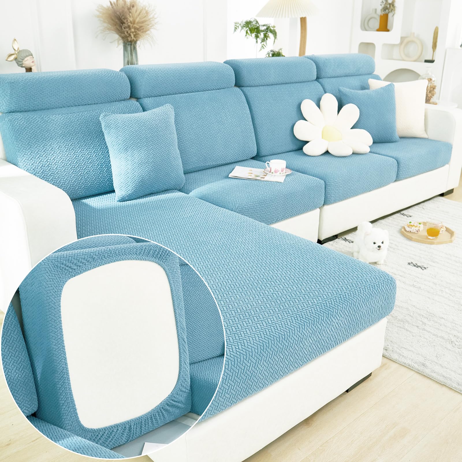 Couch Cushion Covers for Sofa Couch Covers Wear-Resistant Universal Sofa Cover Washable Stretch for Sectional Slipcovers (Texture-Sea Blue,Large Single Seat Cover)
