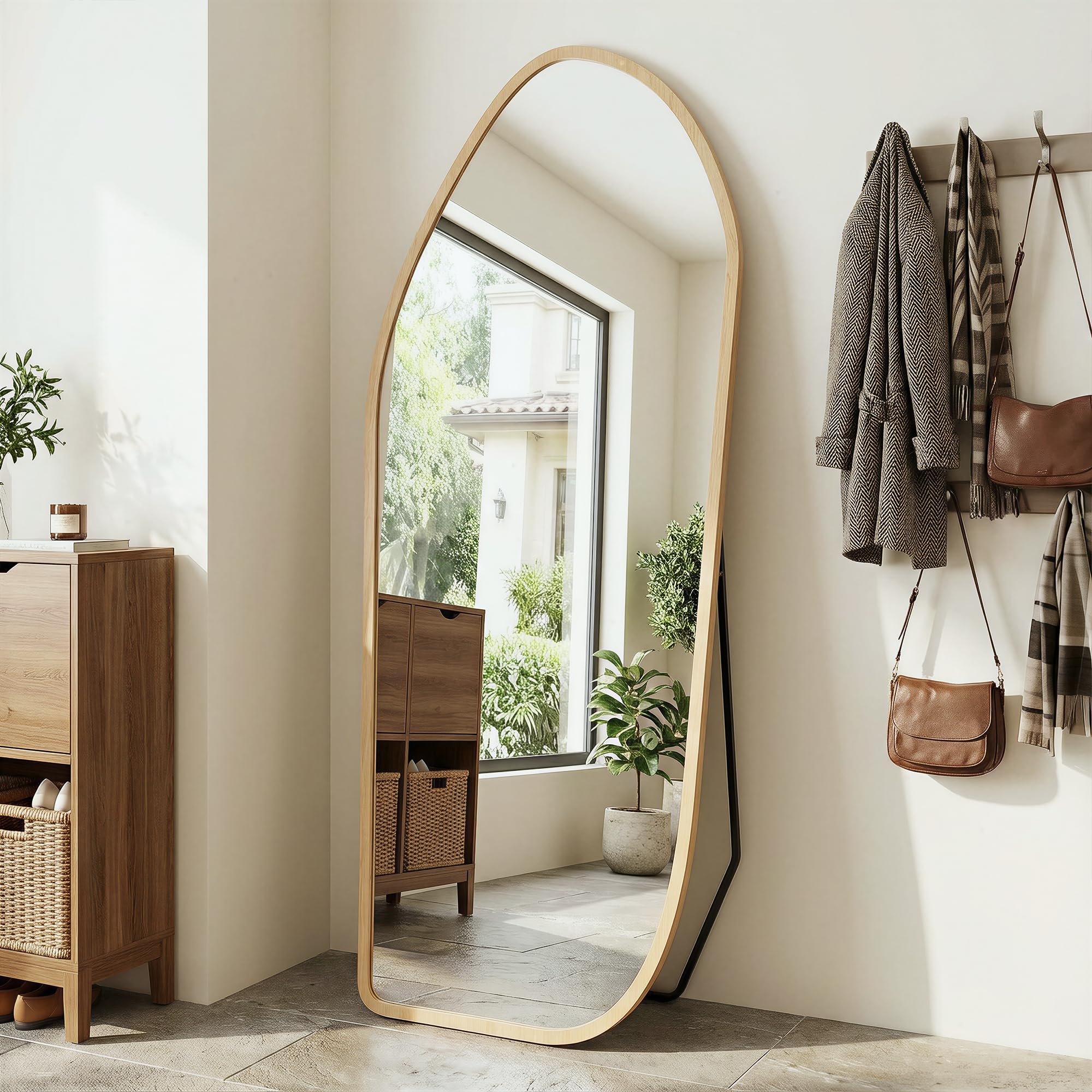 Photo 1 of Suidia Full Length Mirror, Oversized Floor Mirror with Solid Wood Frame, Large Standing Mirror for Bedroom Living Room, Wood Art Style, Light Walnut, 68" L x 26" W