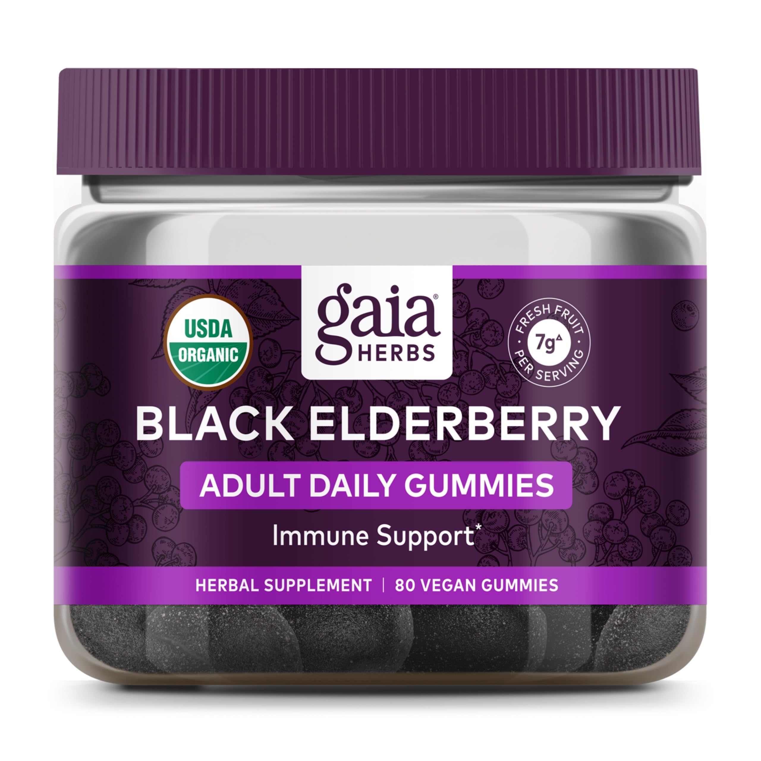 Gaia Herbs Black Elderberry Adult Daily Gummies - Delicious Immune Support Supplement - Made with Certified Organic Black Elderberries for Immune System Support, 80 Gummies (40-Day Supply)