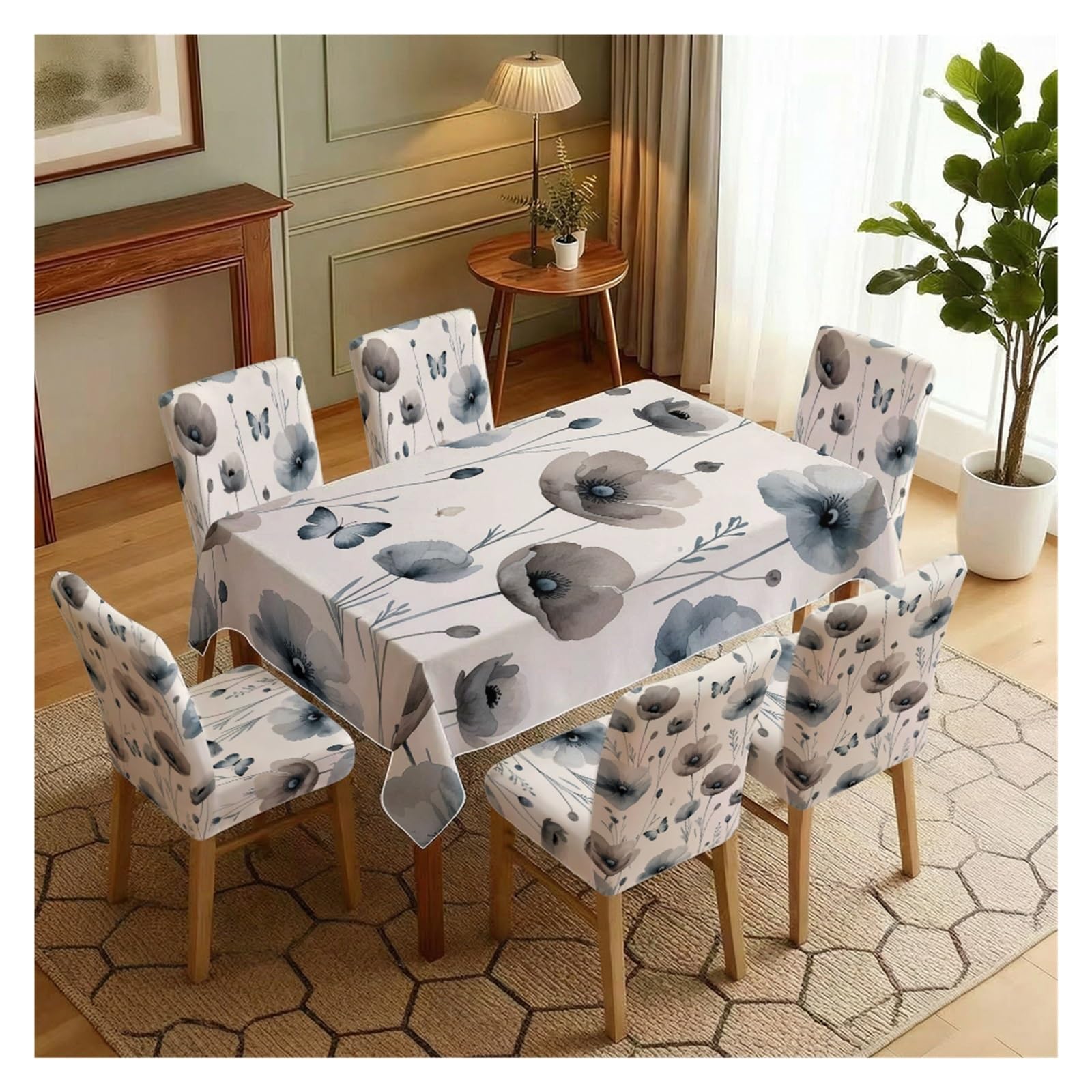 BOSUYBN Watercolor Grey Poppy Flower & Butterfly Print Dining Tablecloth & Chair Covers Set, 5/7 Piece Neutral Vintage Cottage Dining Decor Table Setting(7pcs Set: Tablecloth+Chair Covers)