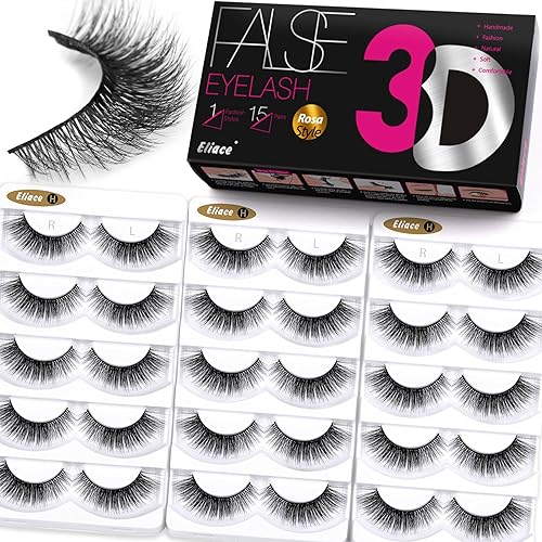Eliace False Eyelashes Natural look Cat Eye Lashes Wispy Strips 3D Mink Lashes 13MM,15 Pairs Fake Eyelashes Faux Fluffy, Winged Fox Eyelashes, Soft Thin Band Comfortable Reusable False Lash Rosa Style