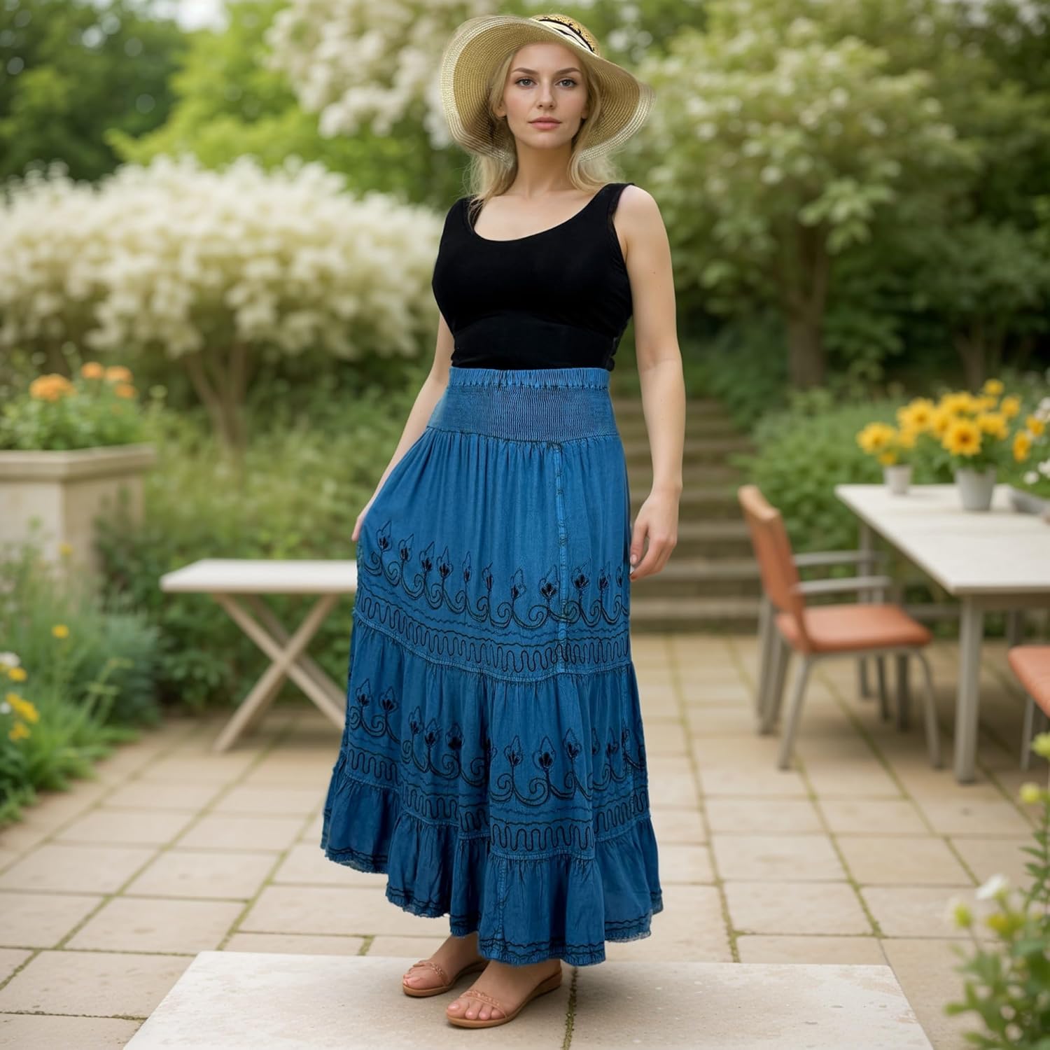 Agan Traders 2026 Maxi Skirts for Women - Peasant High Elastic Waistband Flared Gypsy Long Embroidered Womens Maxi Skirt