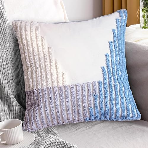 Miniatura 9 de Fundas de almohada decorativas de estilo bohemio azul de 18 x 18 pulgadas, fundas de almohada modernas a rayas copetudas, fundas de almohada