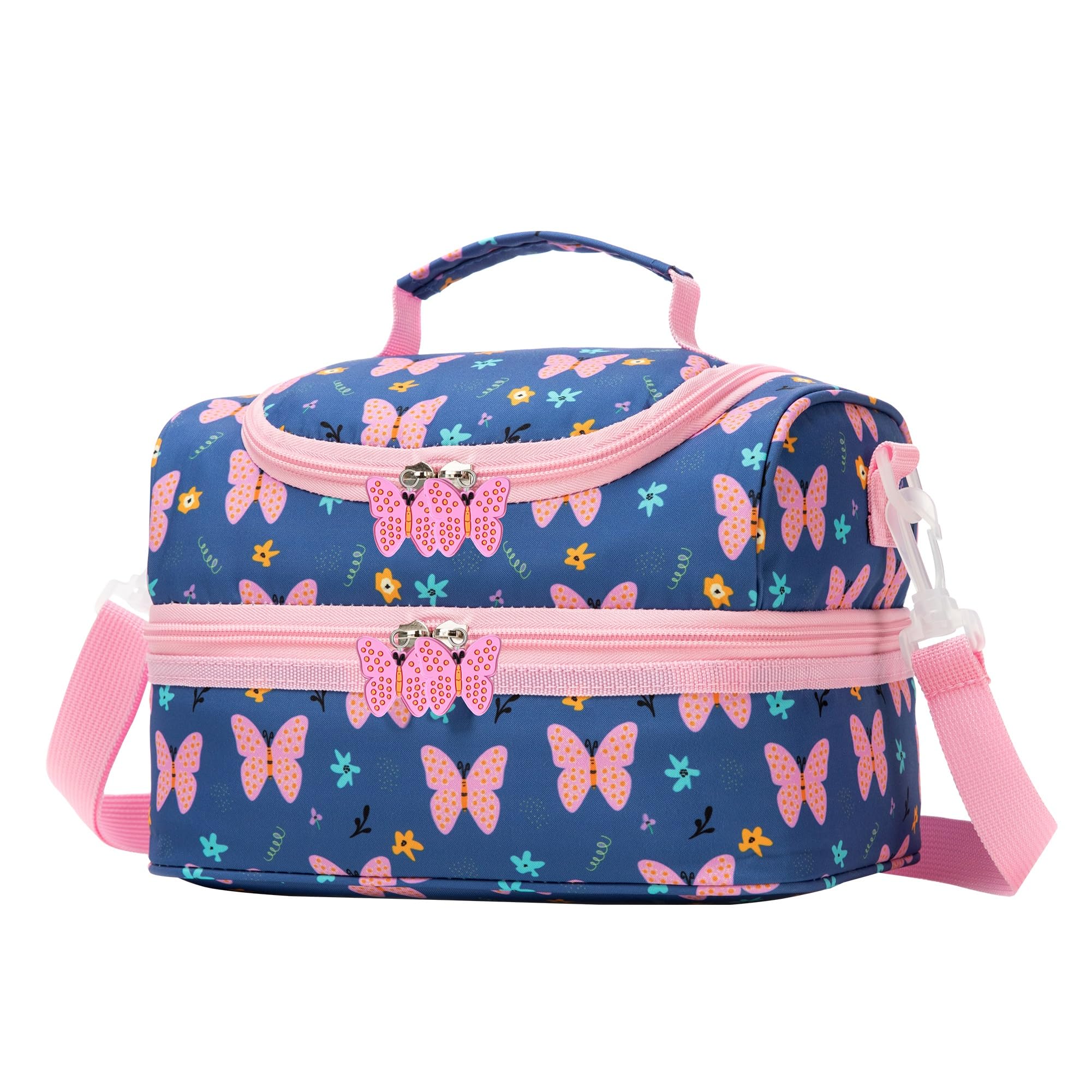 Insulated Kids Dual Compartment Lunch Bags Tote Pack for Bento Girls Boys Toddler Kindergarten School Picnic Food Cooler Boxes with Shoulder Strap (2 Butterfly, Double Decker)