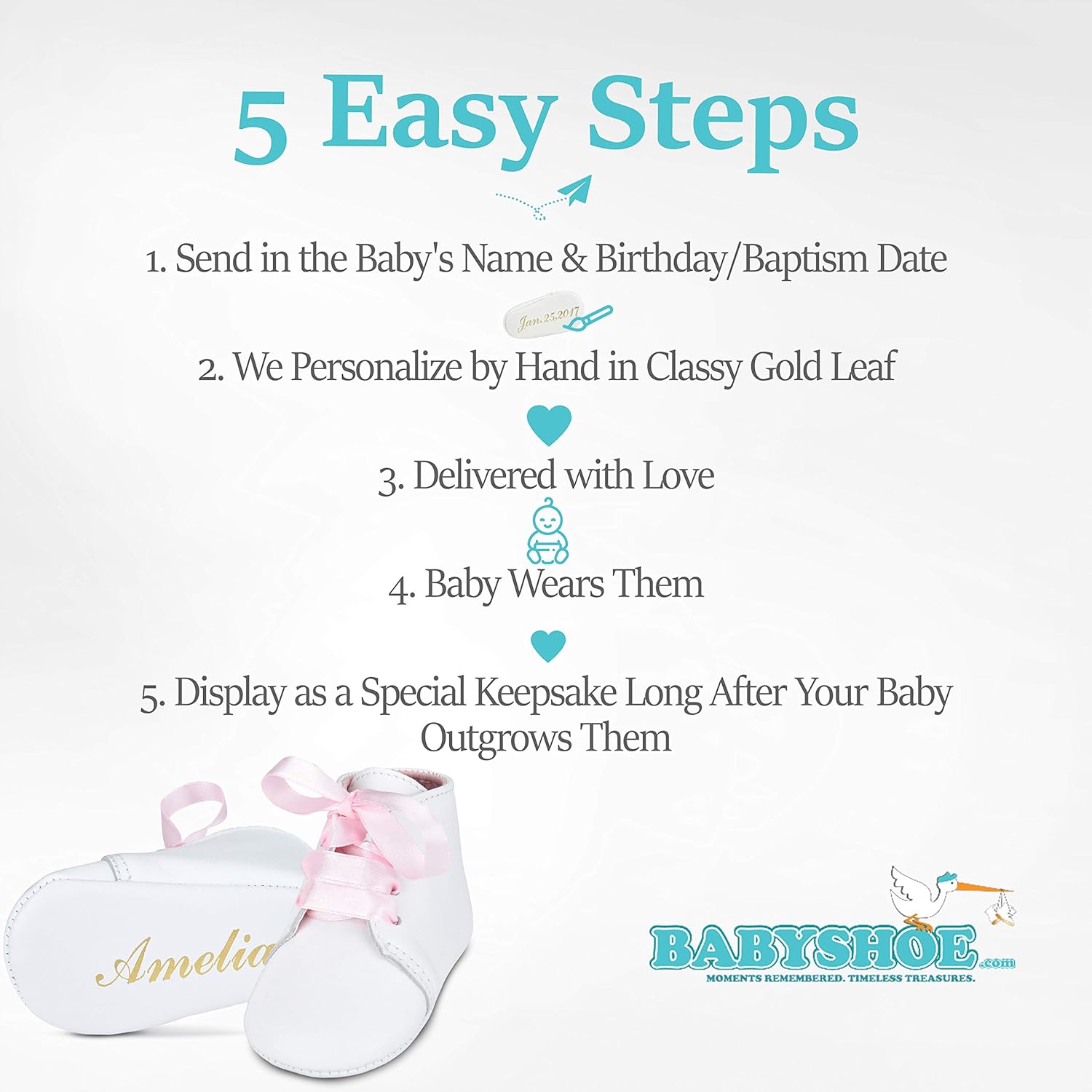 BABYSHOE Personalized Baby Girl Christening – Baptism Gender Reveal Soft Newborn Pink Lace Up Shoes with Hand Embossed Name & Date - Special Occasion Church Shoes - Great for Gifts