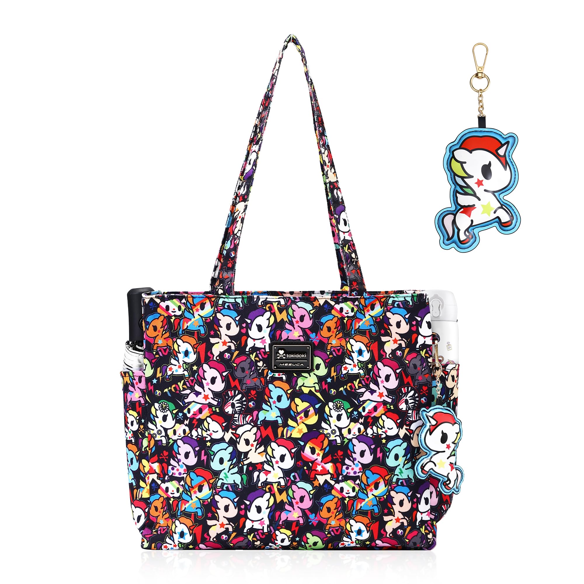 tokidoki Unicorno Large Tote Bag with Keychain for Women | 13.38x3.93x11.8in Canvas work tote. Multiple pockets for laptop, water bottle. Travel, weekender, shopping bag. Black