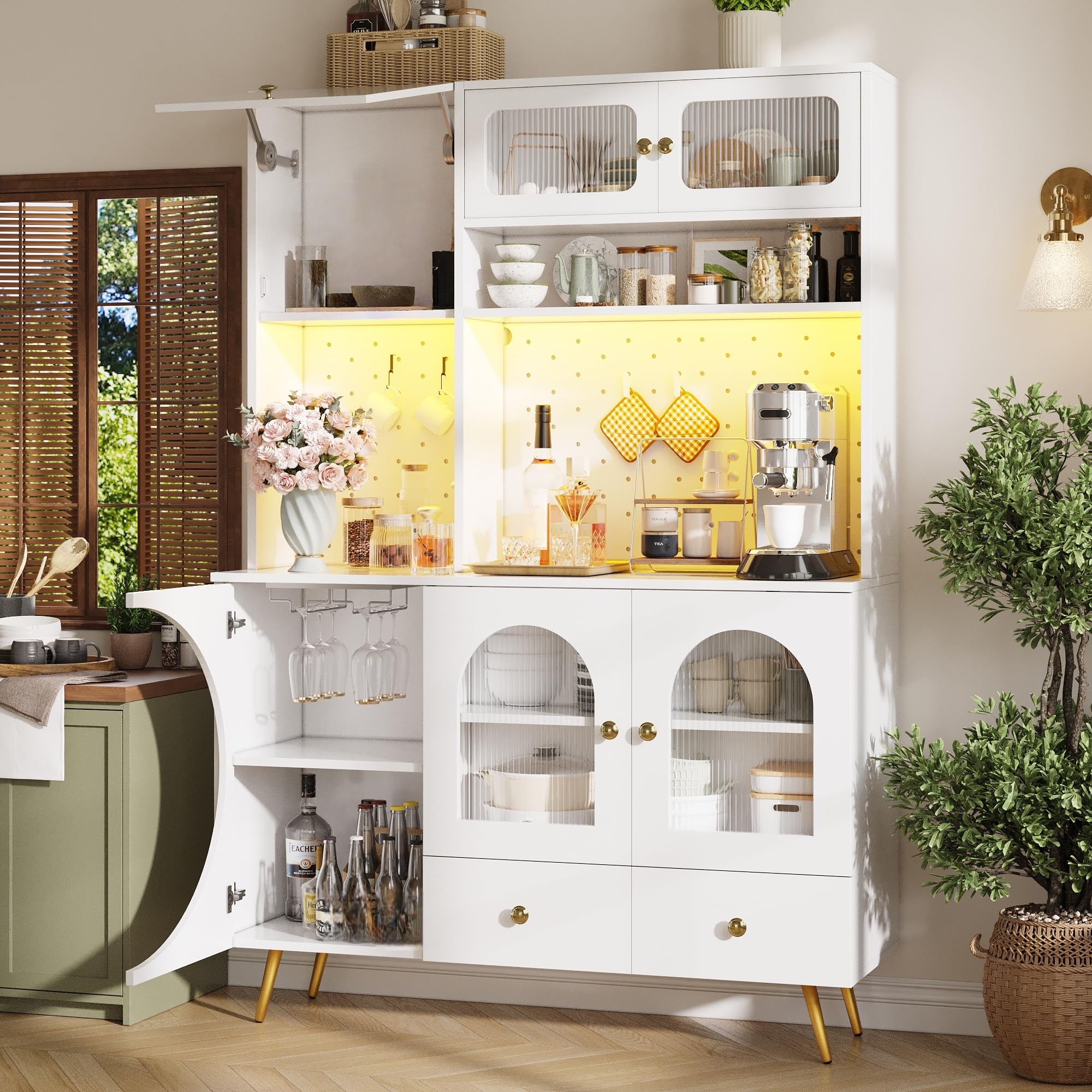 Aparador Cocina Alto Armario Cocina con Enchufe y LED, Alacena de Cocina con Puerta Vidrio y Placa Orificio, Mueble Aparador con Portavaso y Cajón, Dispositivo Antivuelco, 120x40x176 cm, Blanco