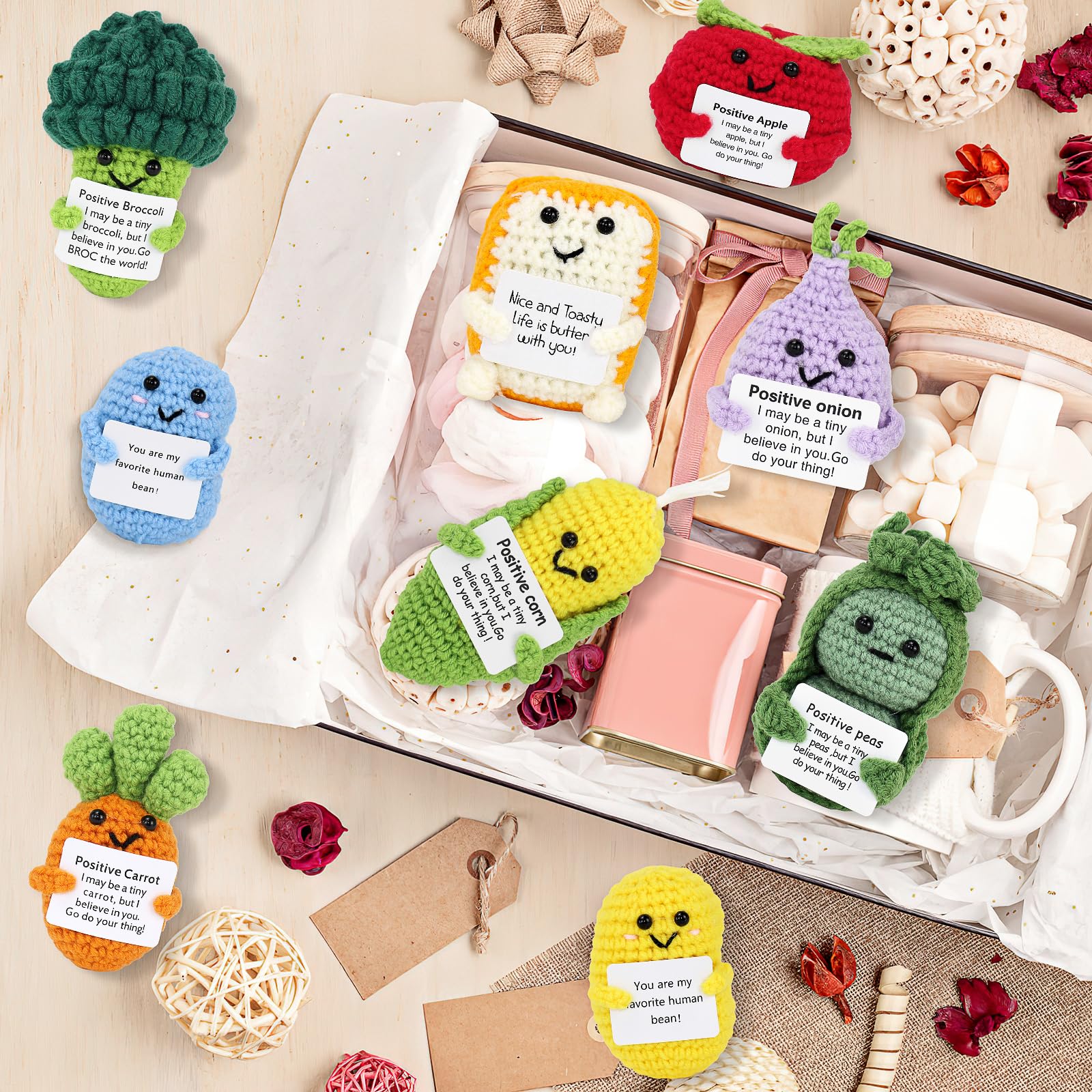 18 Pcs Positive Fruit Sunflower Emotional Crochet Dolls Bulk Support Encouragement Emotional Knitted Crochet Gifts with Positive Words for Friends Coworker Decorations Home Office (Vegetable) - Image 4