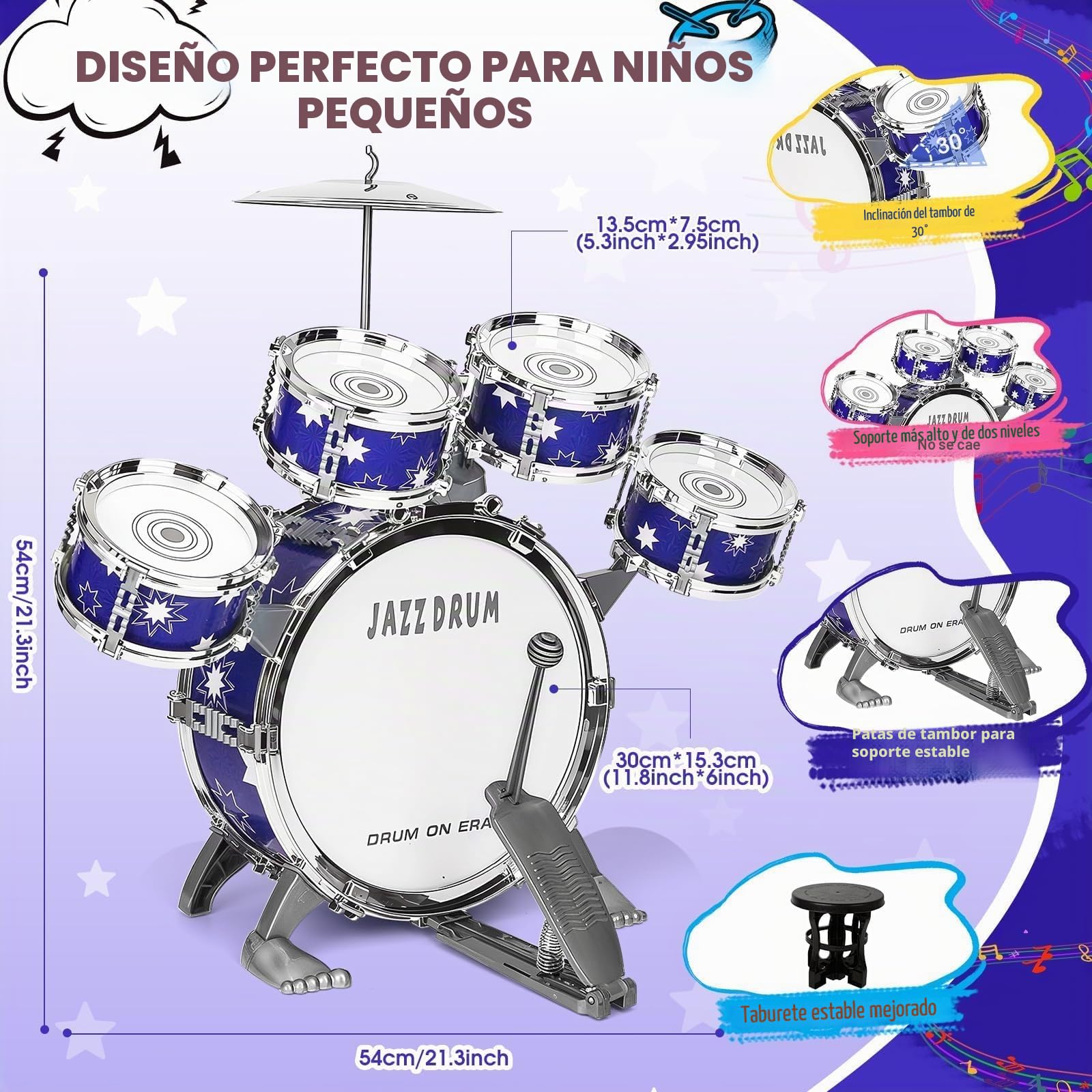 Batería de Juguete Mejorada para Niños 3-5 Años, Kit de Batería Jazz con Taburete, Instrumento Musical para Niñas y Niños, Regalo Educativo