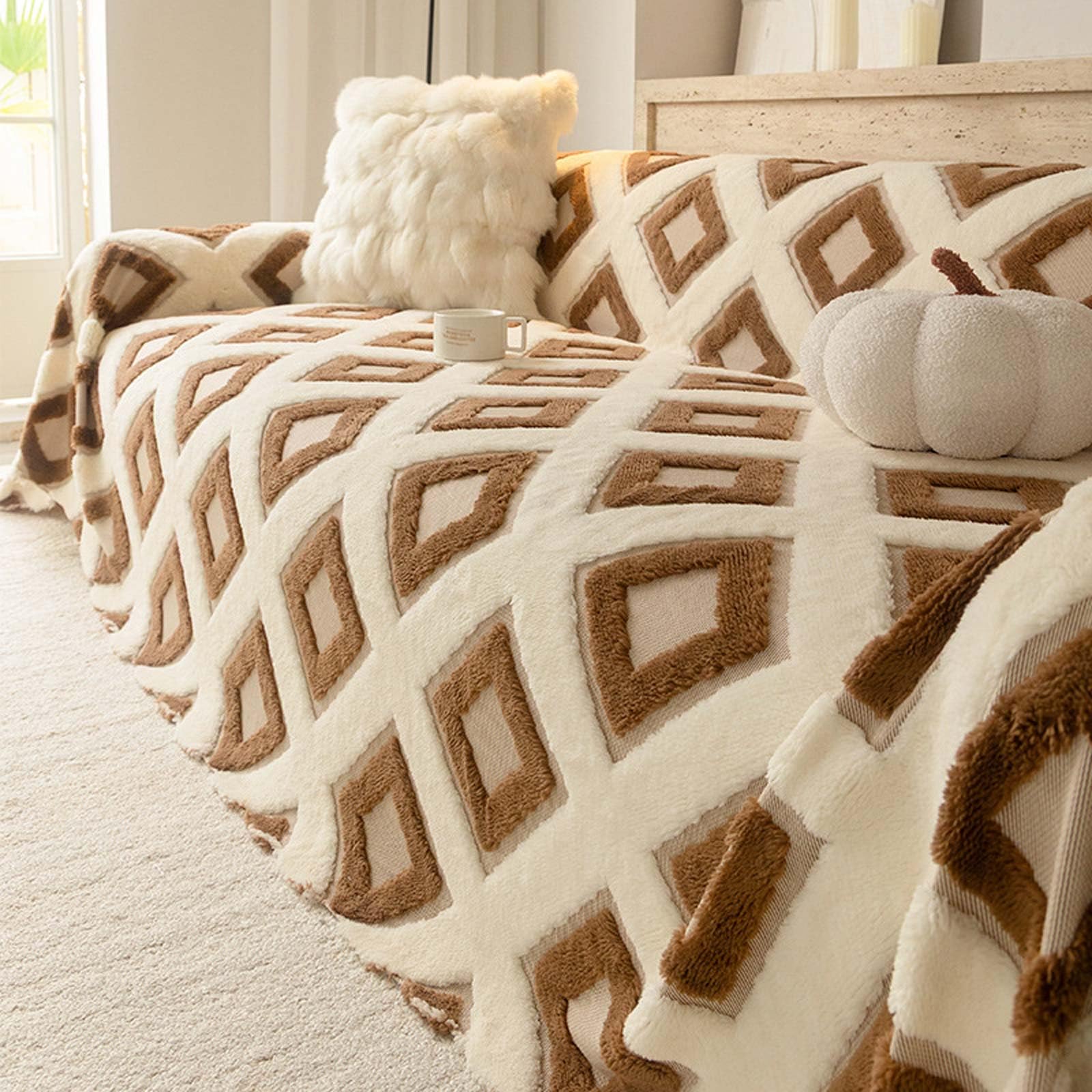 Housse de canapé marron 180x480 cm en pur coton pour 3 4 places