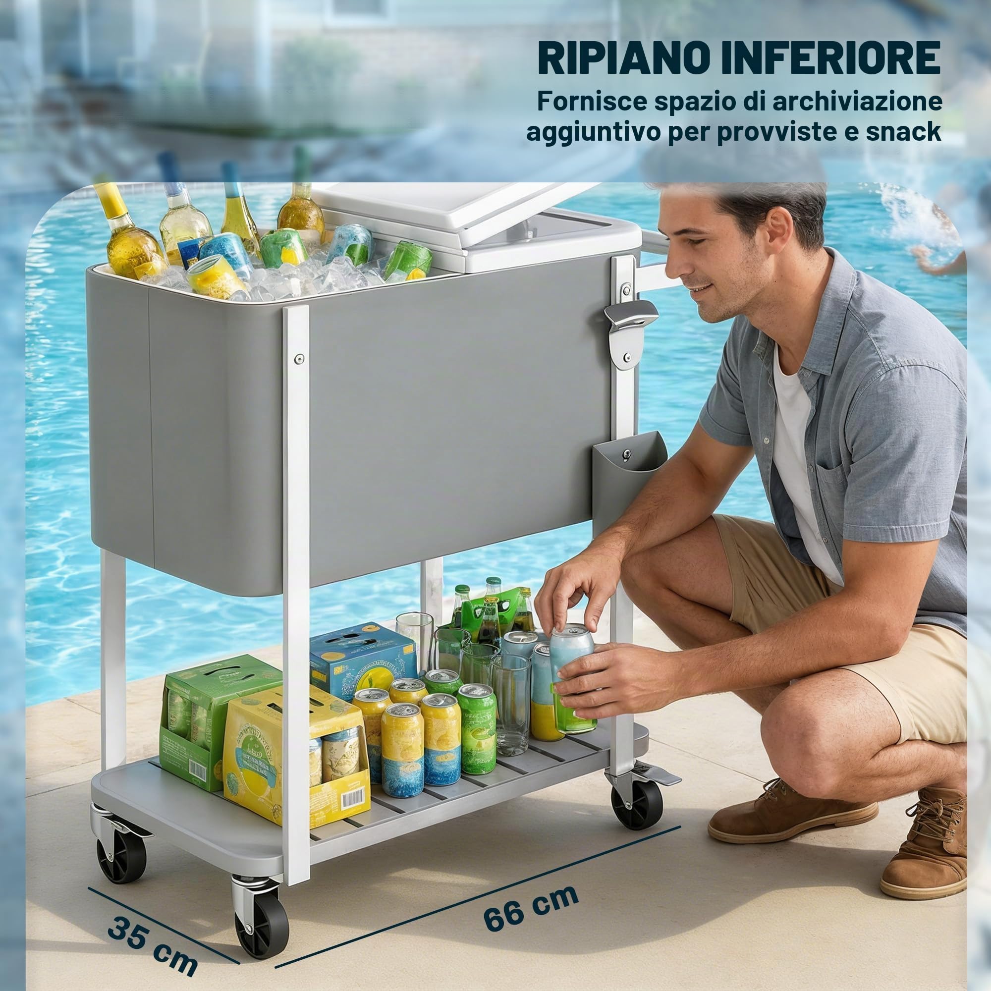 Outsunny Carrello refrigerante con capacità di 56 l, con ruote, apribottiglie, ripiano inferiore, manico carrello per bevande, refrigeratore, portabicchieri per feste all'aperto e barbecue, grigio