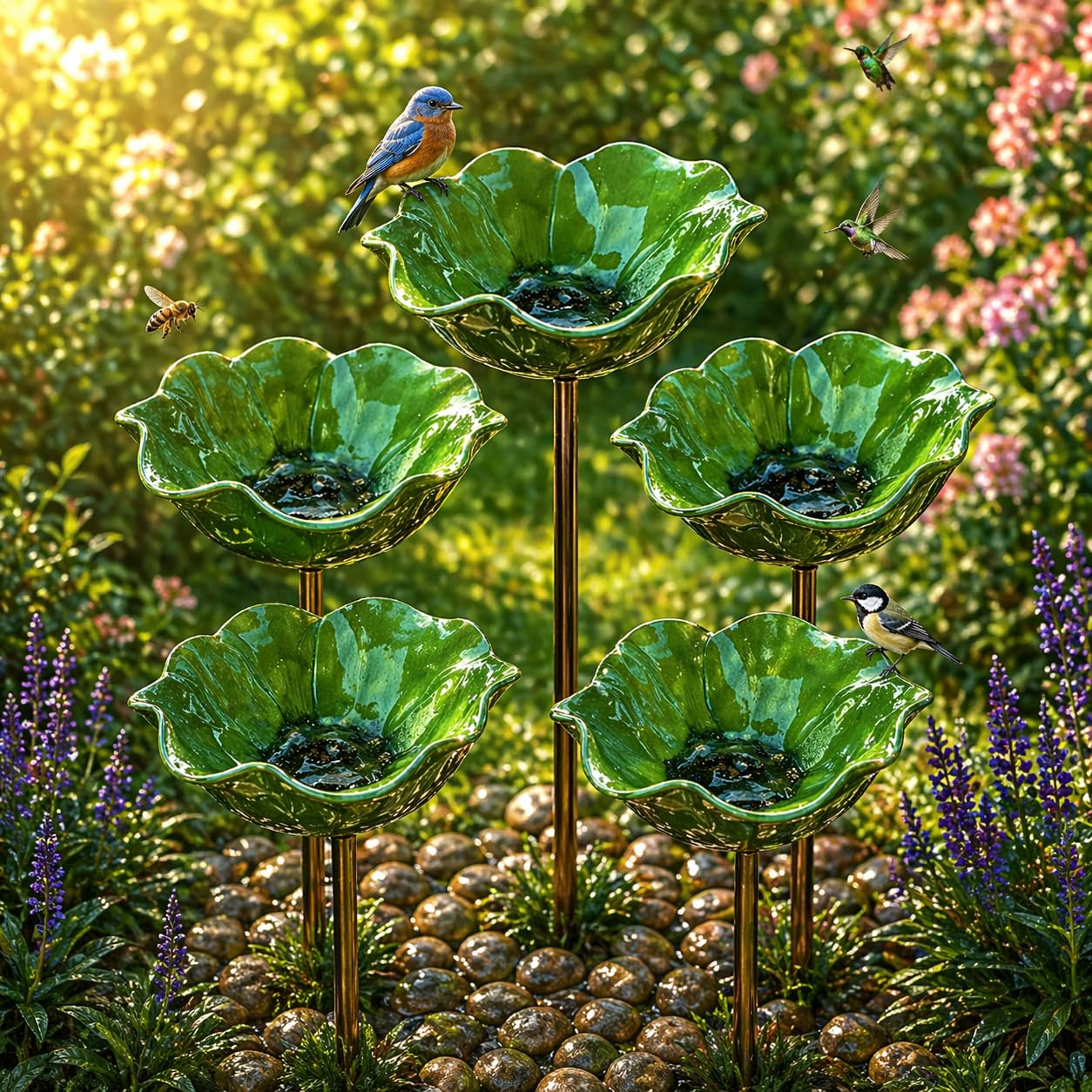 Blumen Gartenstecker Vogeltränke– Handgefertigter Metall Gartenstecker als Bienentränke & Vogelbad, Insekten Tränke für Garten – Geschenk zum Muttertag (Grün,5pcs)