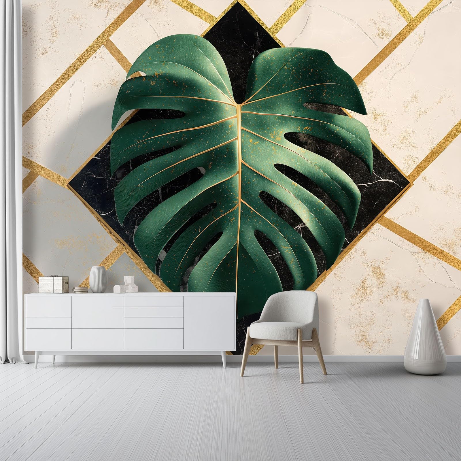 Bardzo duży mural ścienny 400 x 280 cm (szer. x wys.), zielony luksusowy styl marmur monstera, tapeta premium wymagana do przestronnego salonu